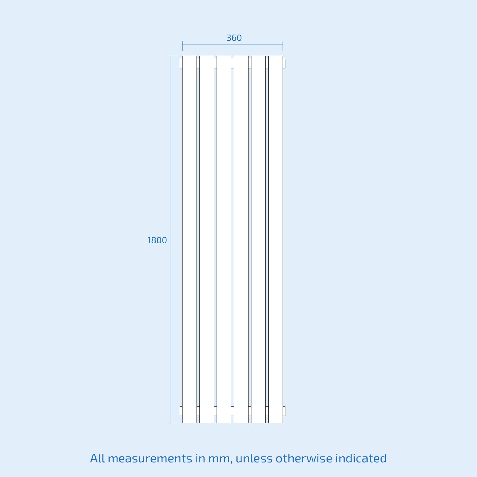 Vertical Central Connection Towel Radiator White Single Straight 1800 x 360 mm