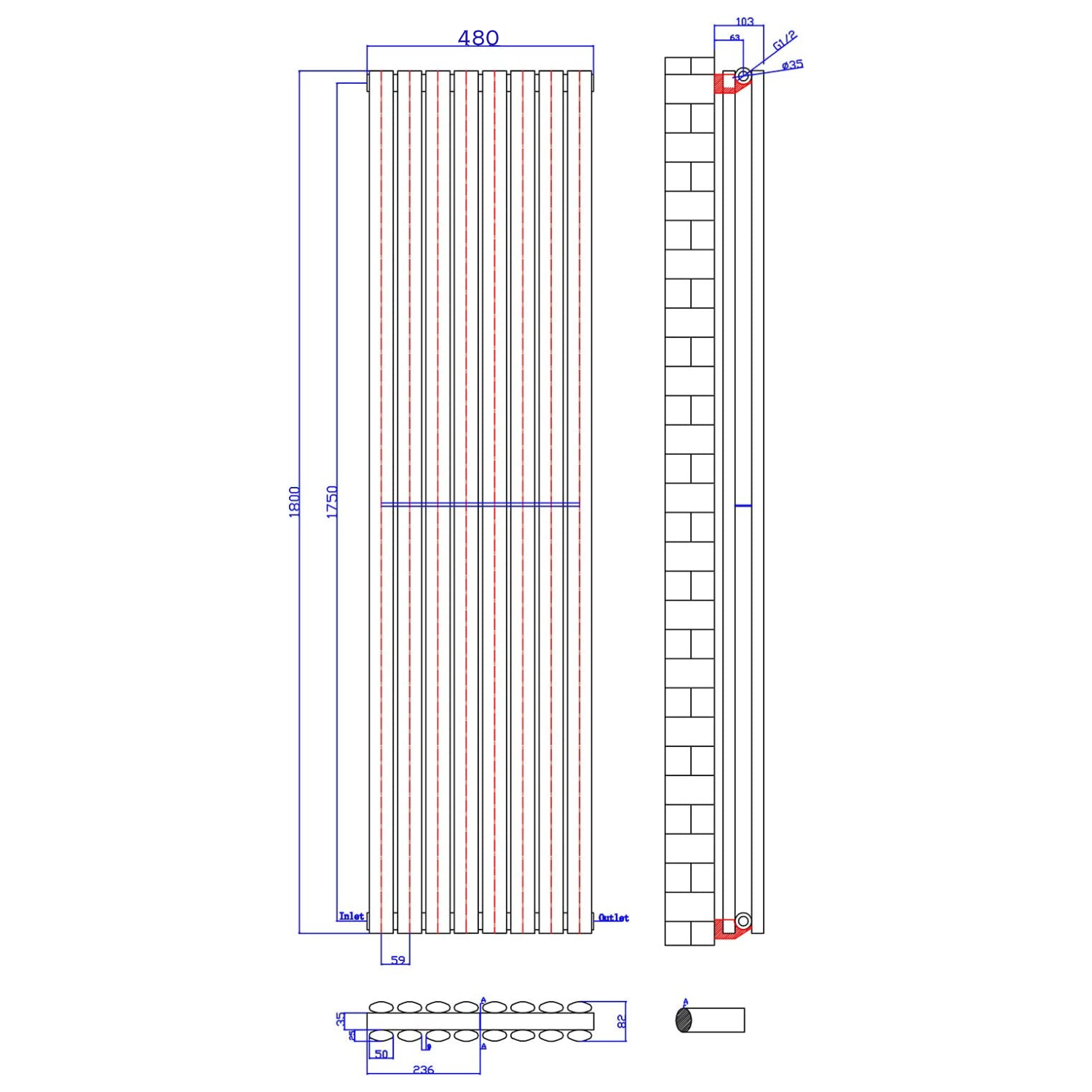 Honeywell 1800 X 480 mm Vertical Double Oval Tube Dark Grey Anthracite Designer Radiator