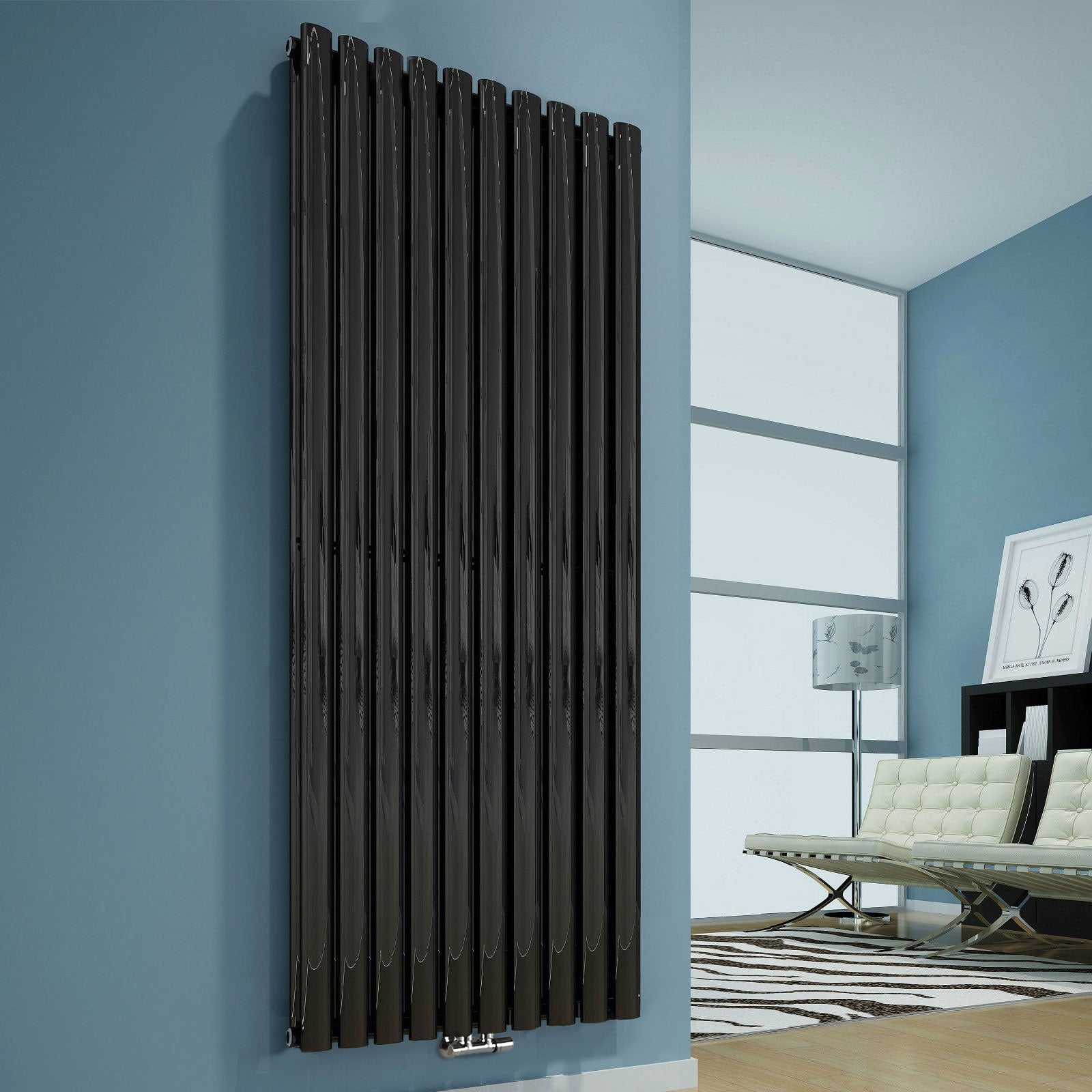 Vertical Central Connection Radiator Black Double Oval Tube 1800 x 600 mm