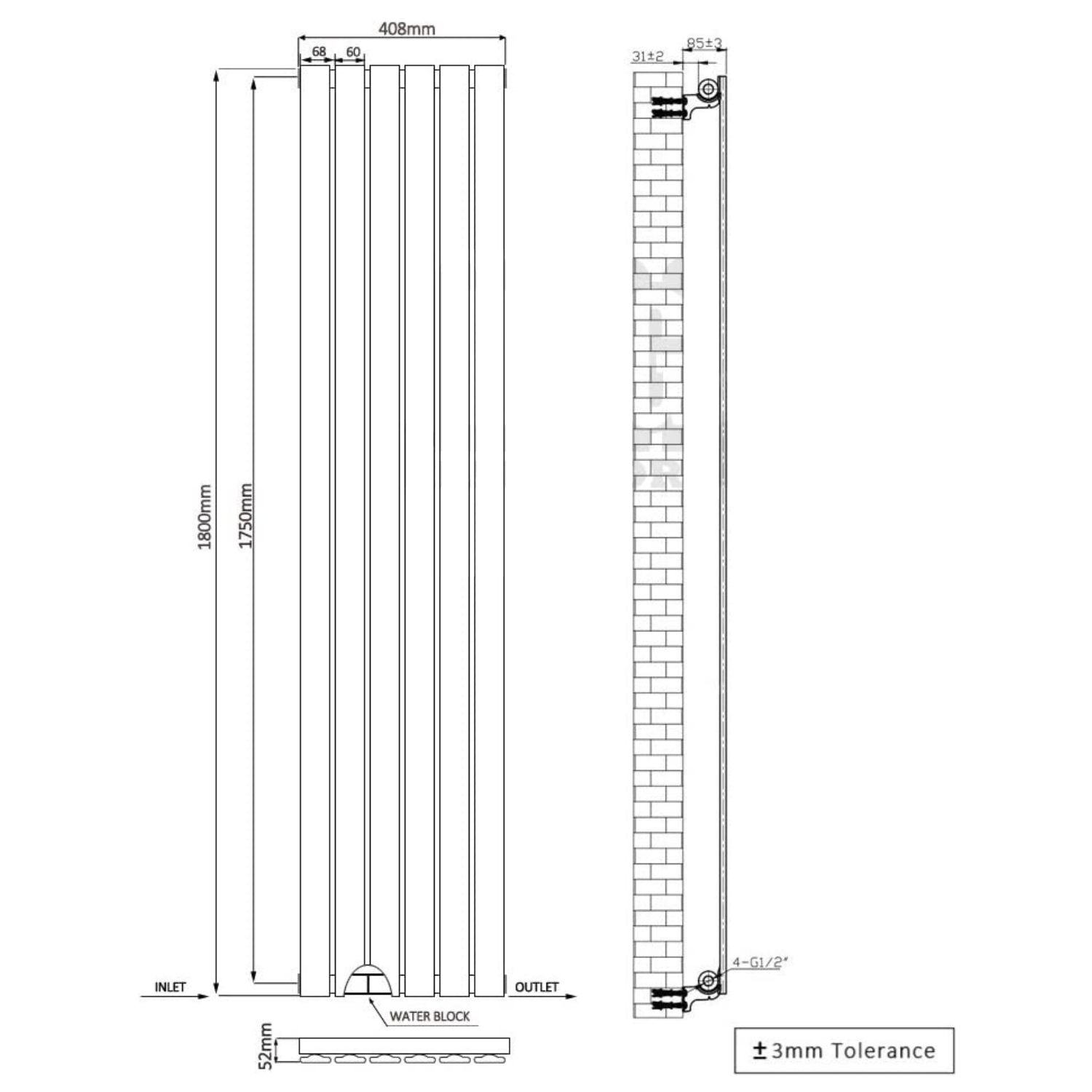 Designer Radiator 1800 X 410 mm Vertical Single Oval Tube White