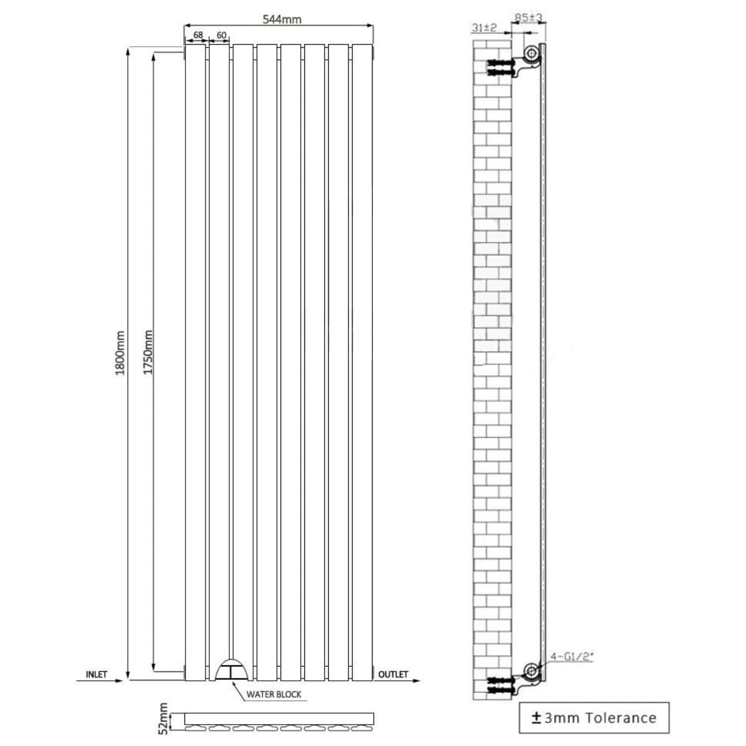 Honeywell 1800 X 546 mm Vertical Single Oval Tube White Designer Radiator