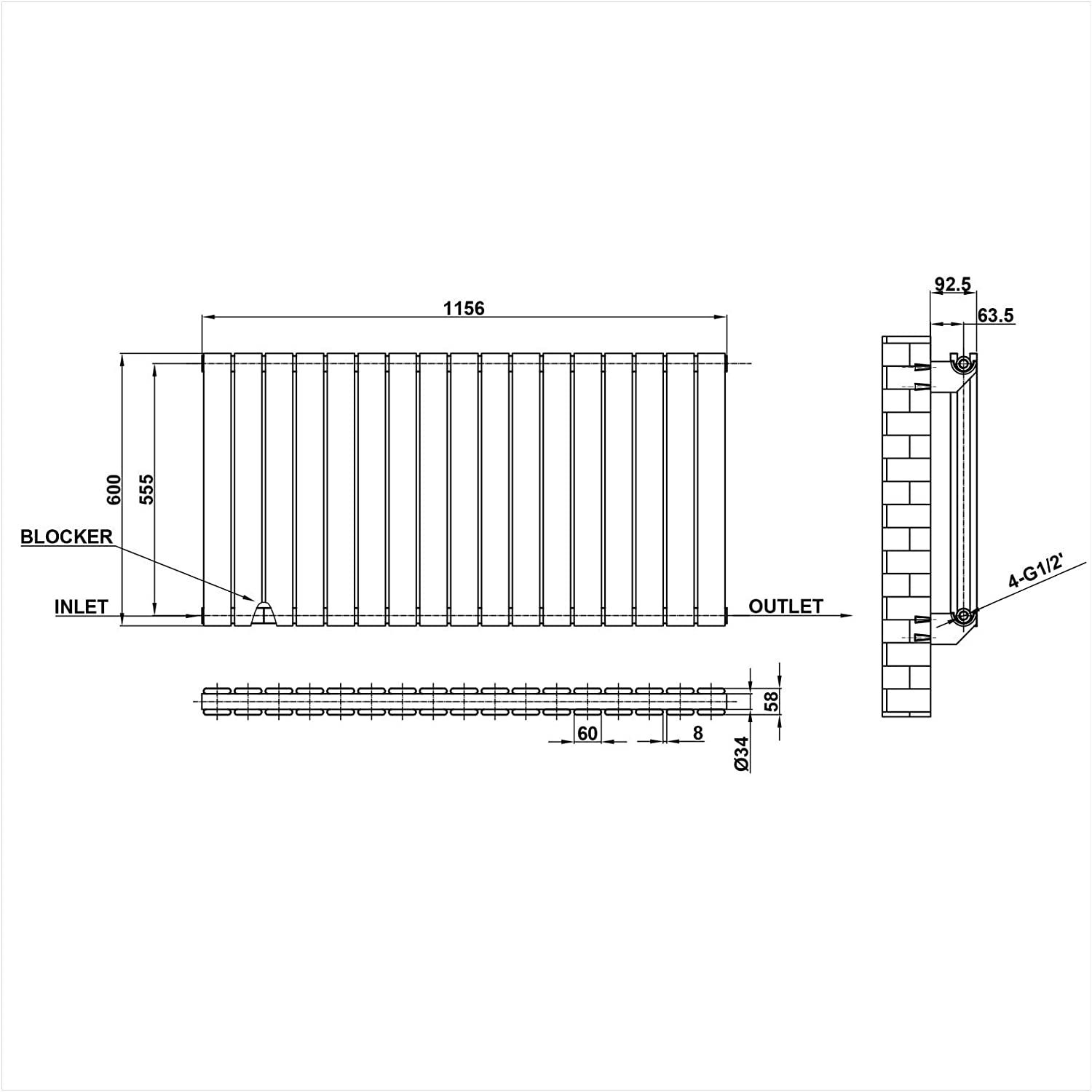 Honeywell 600 X 1158 mm Vertical Flat Panel Anthracite Designer Radiator