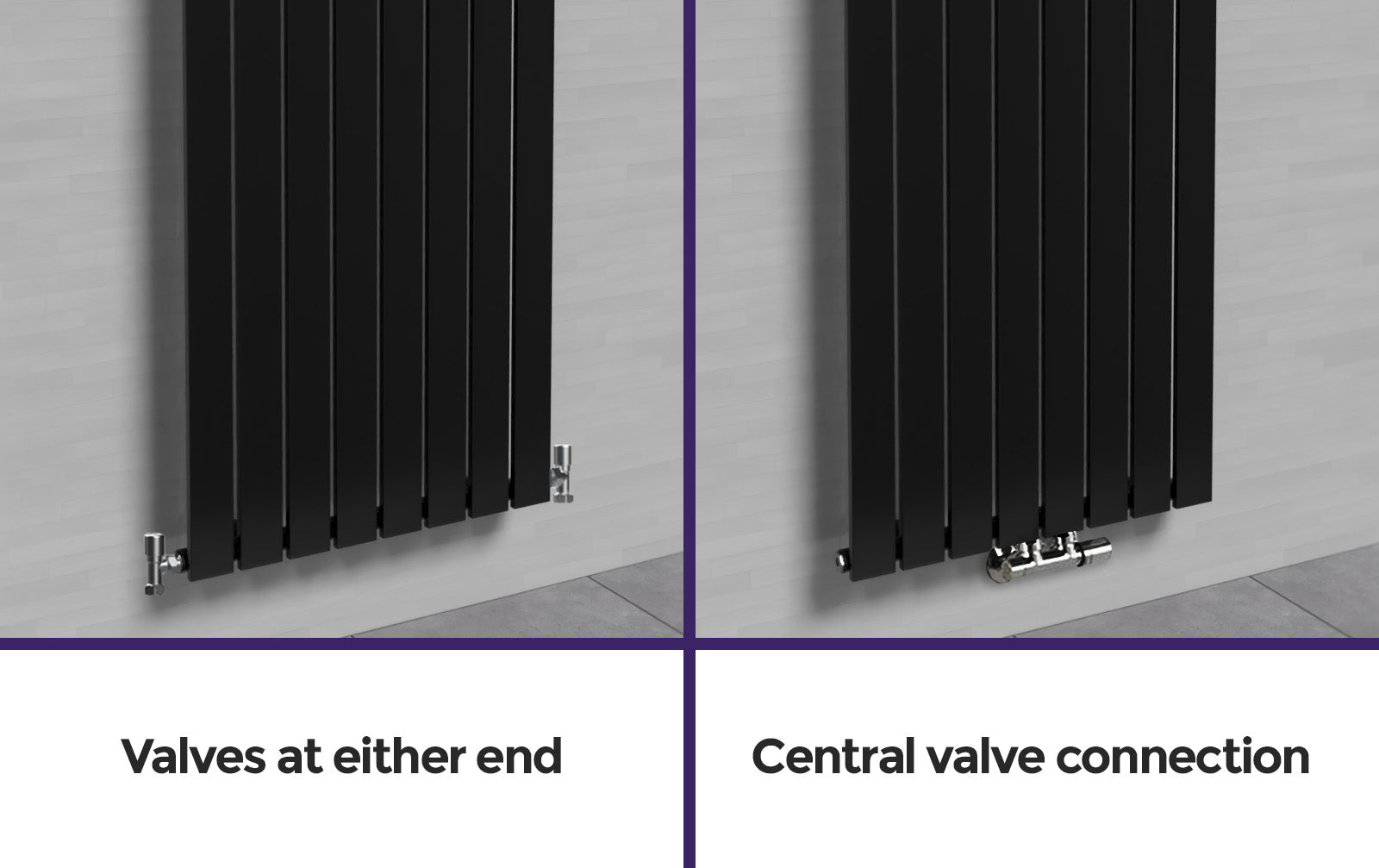 Vertical Central Connection Towel Radiator Black Single Flat Tube 1600 x 600 mm