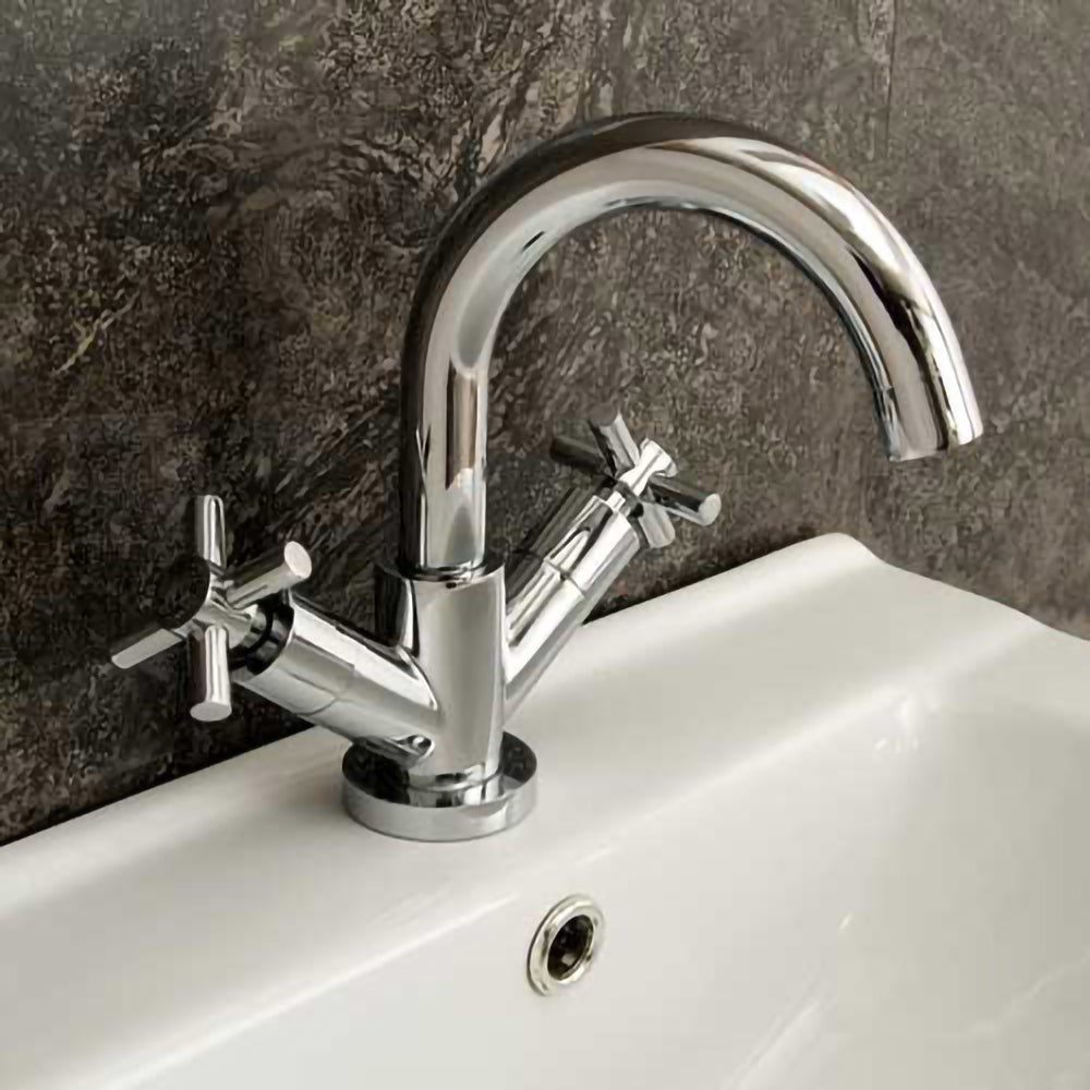 Indigo Modern Chrome Basin Cross Head Mixer Tap With Curved Spout And Sprung Clicker Waste