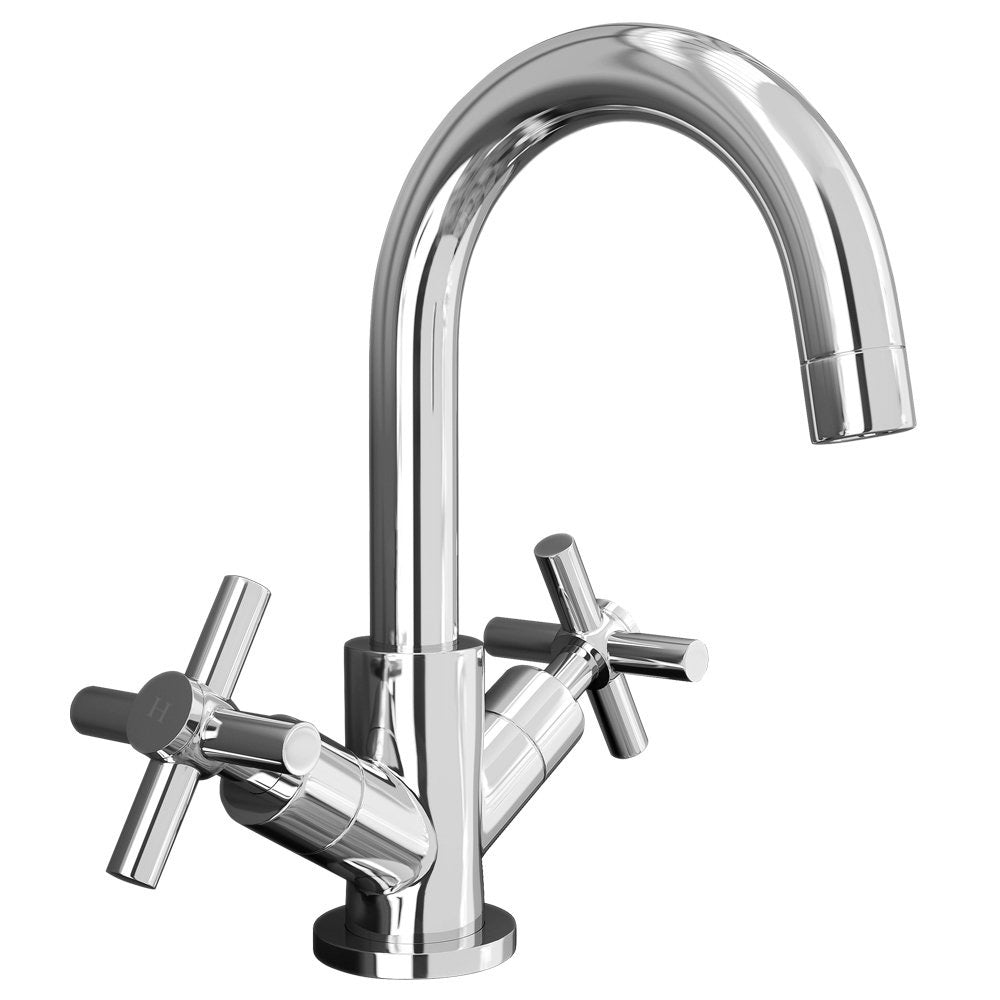 Indigo Modern Chrome Basin Cross Head Mixer Tap With Curved Spout And Sprung Clicker Waste