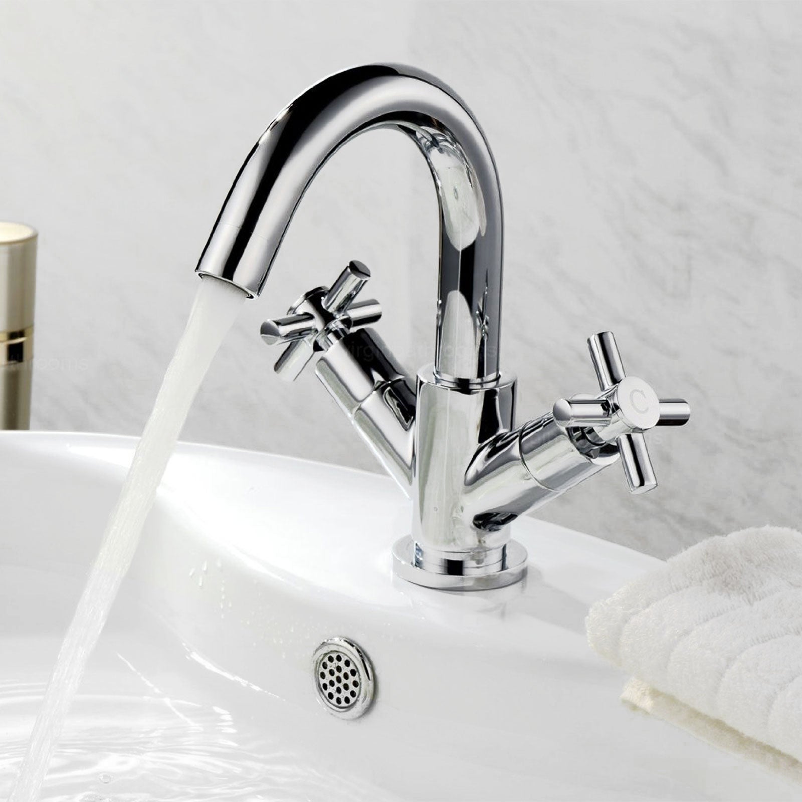 Indigo Modern Chrome Basin Cross Head Mixer Tap With Curved Spout And