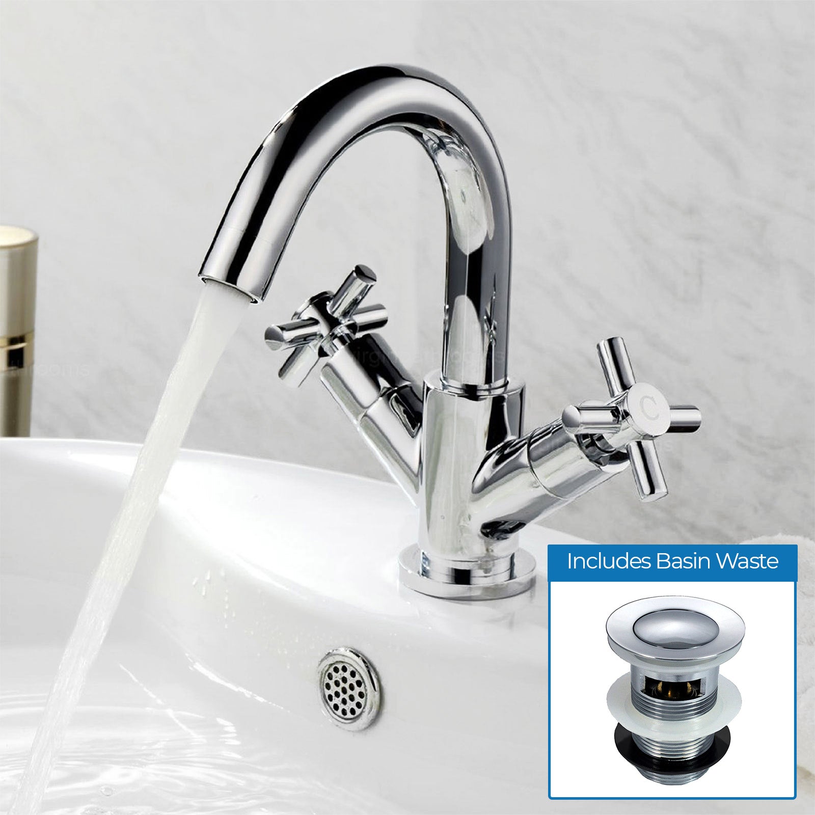 Indigo Bathroom Basin Mixer Modern Crosshead Chrome Tap Solid Brass