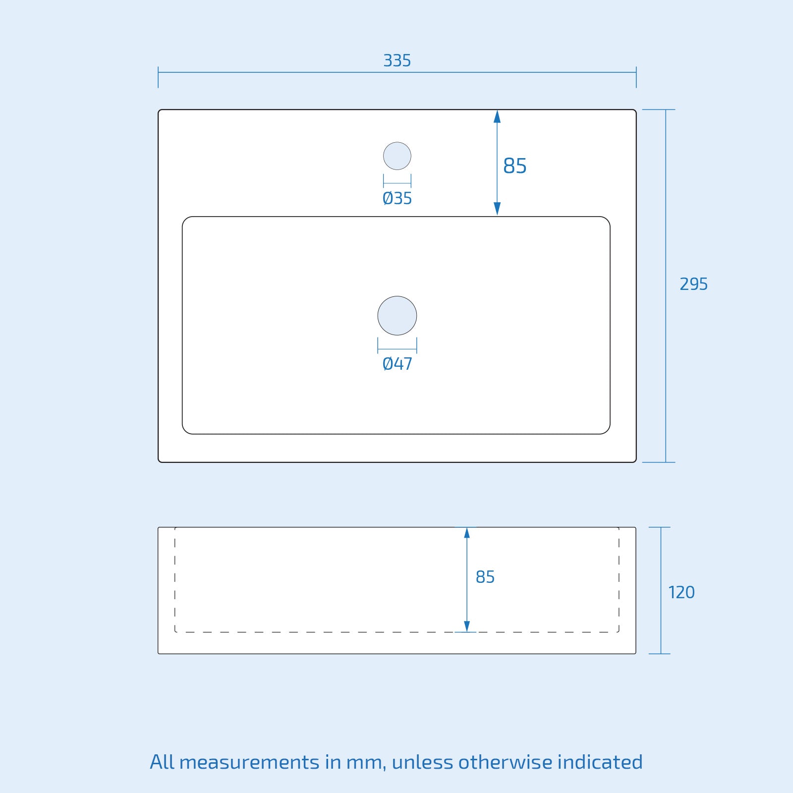 Tulla 335 x 295mm Cloakroom Rectangle Counter Top Basin Sink