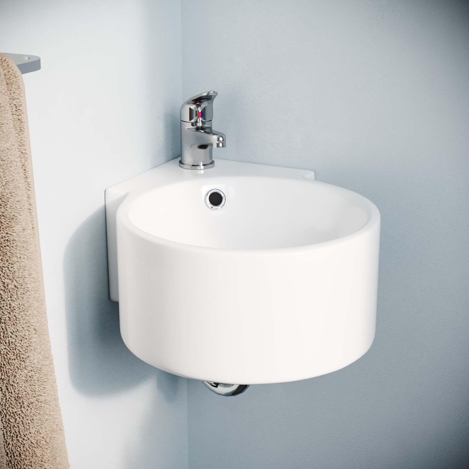 300 X 435mm Bathroom Wall Hung Cloakroom Ceramic Compact Corner Basin Sink And Fittings