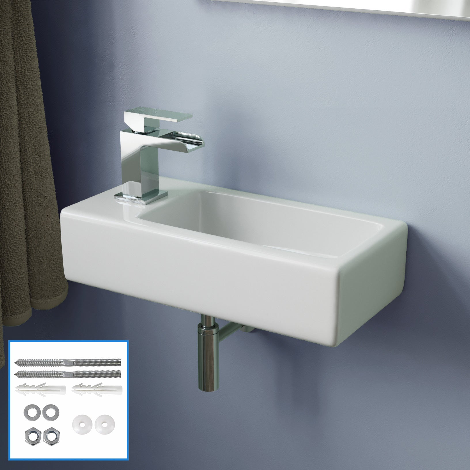 Alvey Wall Hung Left Handed Cloakroom 360mm Basin Sink, Fittings Included