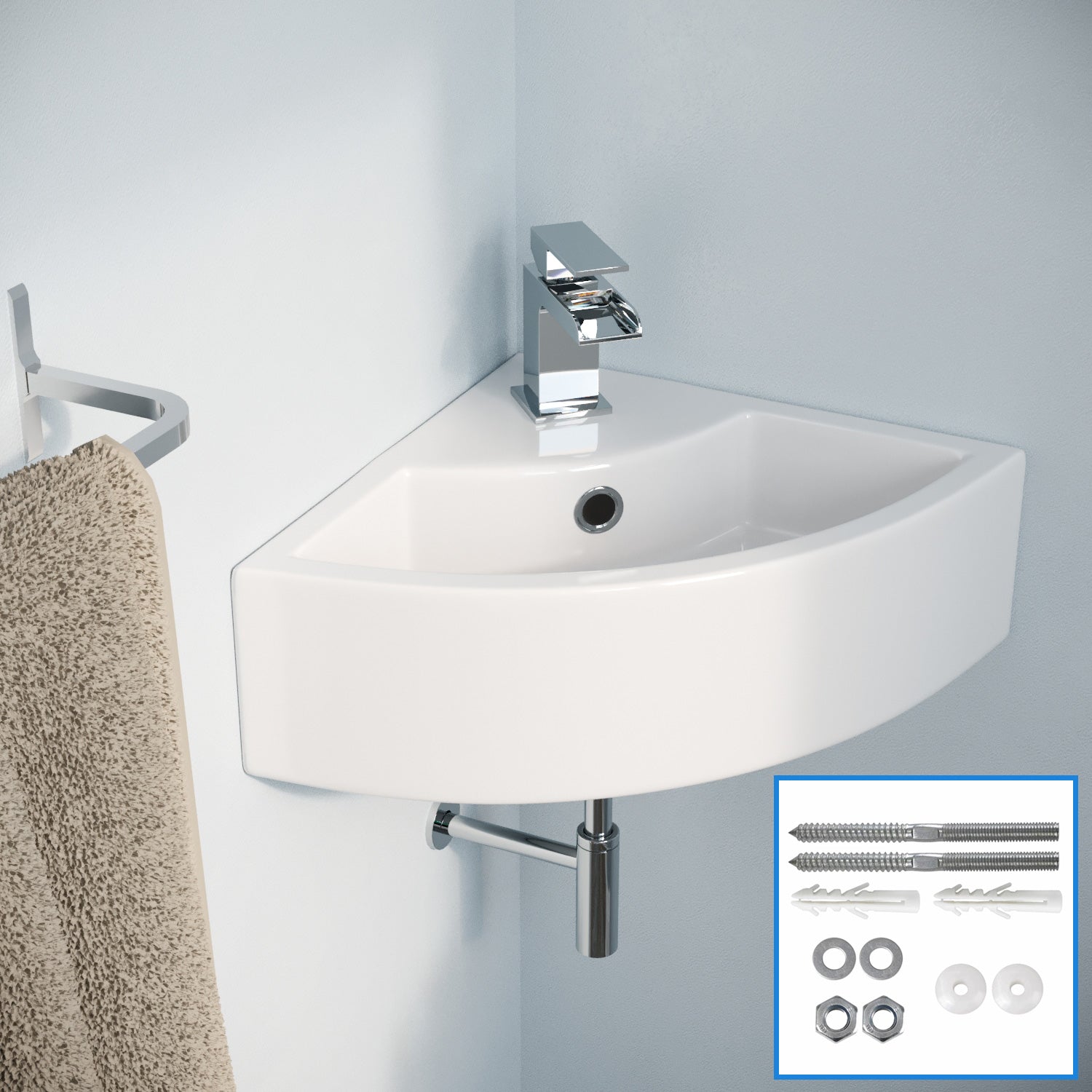 Tulla 465 x 325mm Cloakroom Small Quarter Circle Corner Wall Hung Basin Sink and Fittings