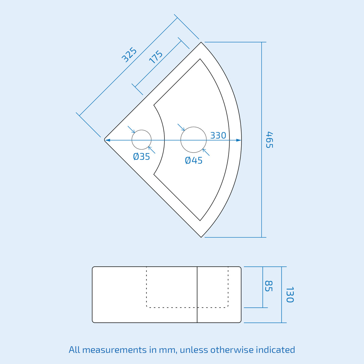 Quarter Circle 465 x 325mm Corner Cloakroom Basin & Waterfall Mixer Tap Waste
