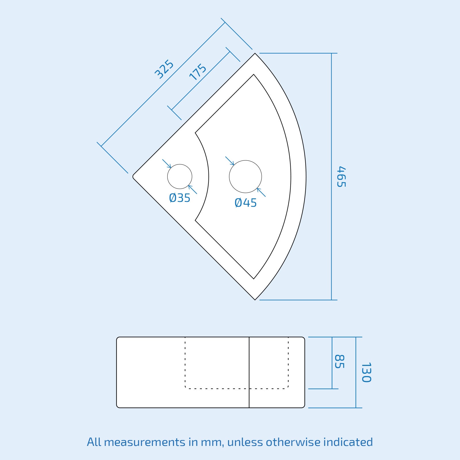 Tulla 450 x 325mm Cloakroom Small Quarter Circle Corner Wall Hung Basin Sink and Fittings