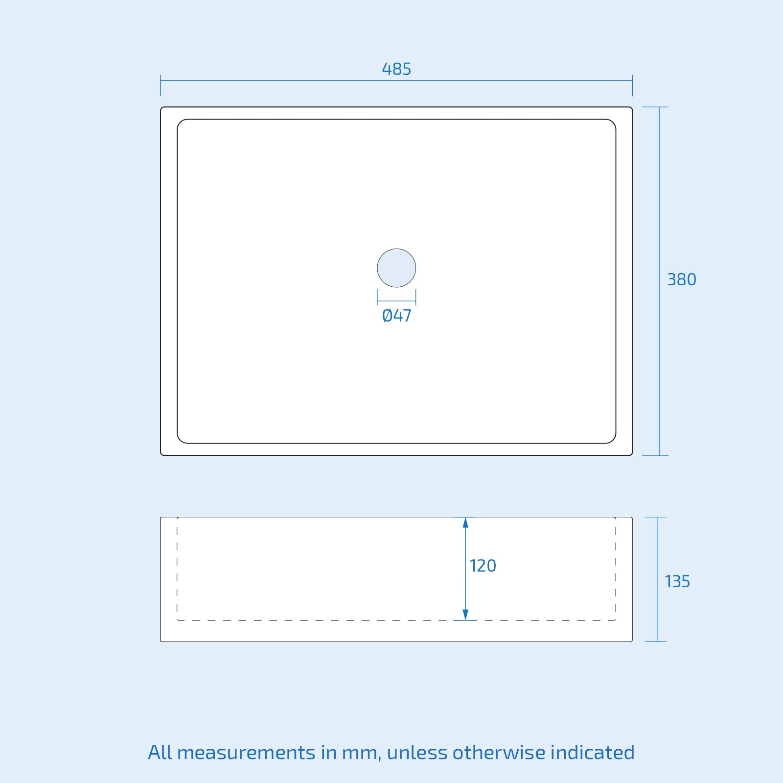 Technical drawing of a sink with dimensions