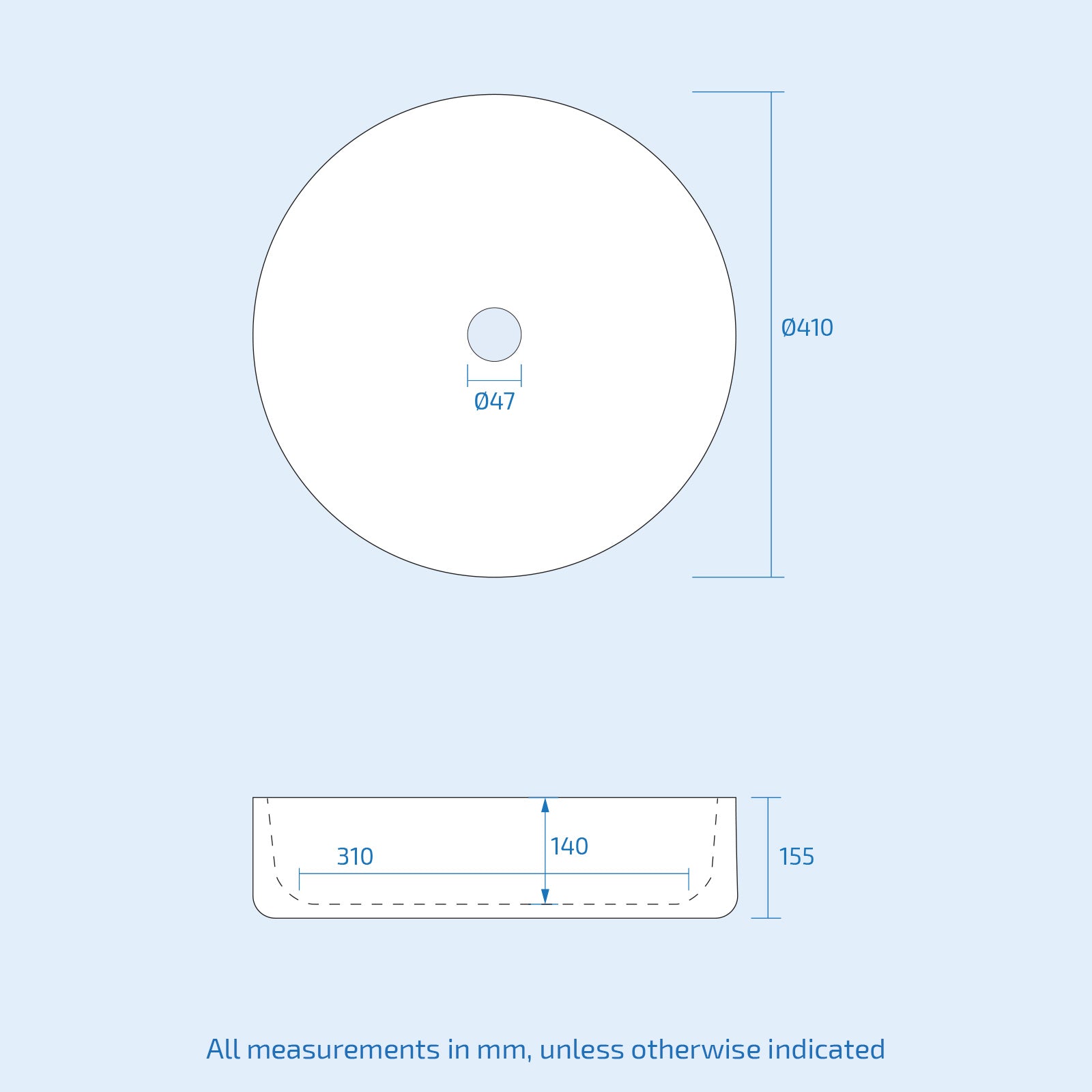 Etive 410mm Clokaroom Round Stand Alone Counter Top Basin Sink Bowl