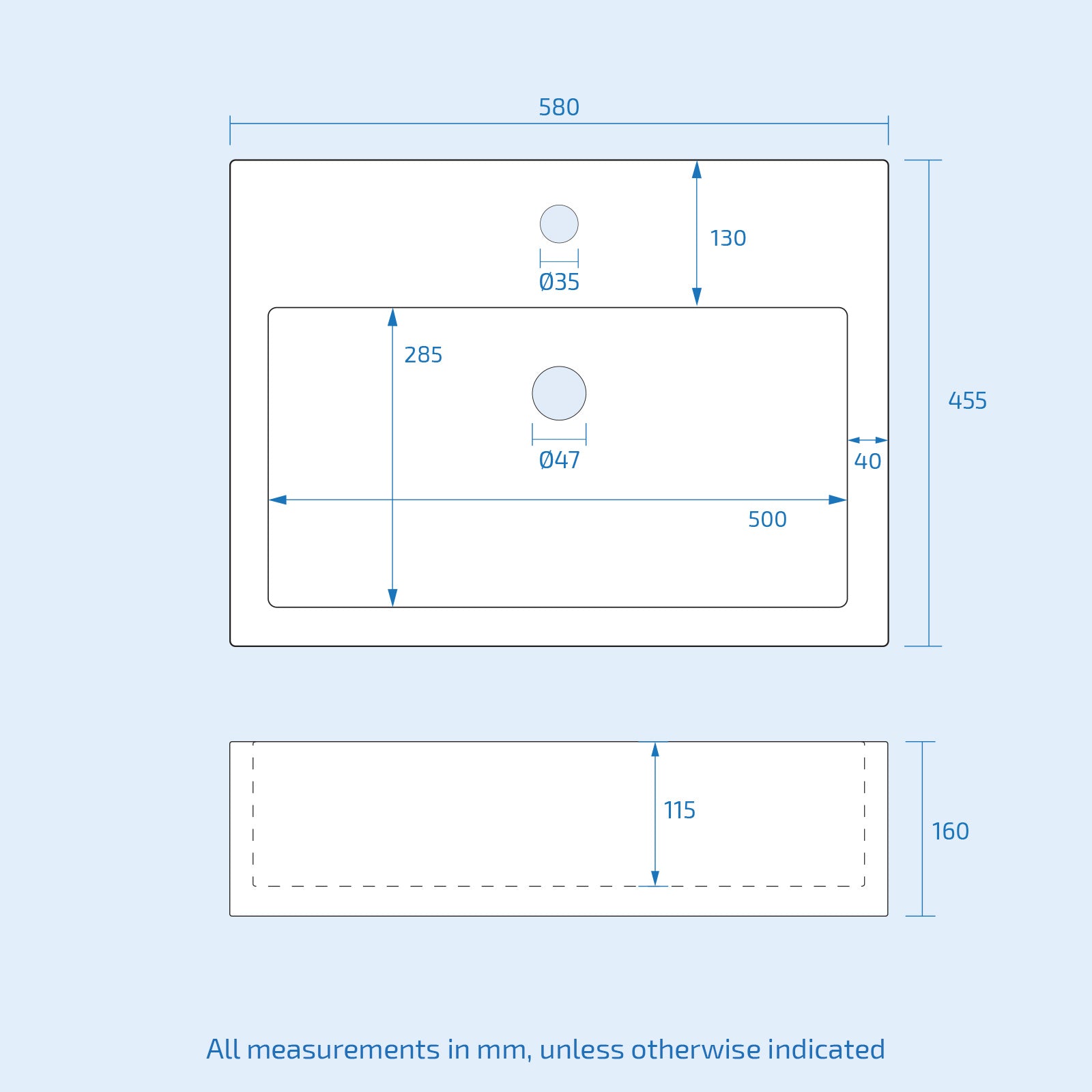 Lomond Rectangle 580 mm Large Counter Top or Wall Hung Basin