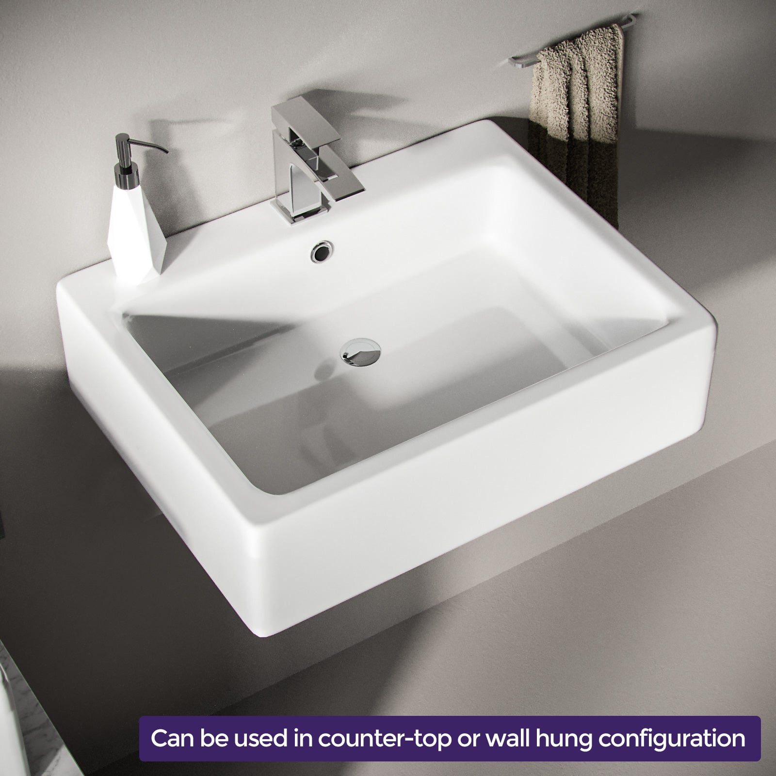 Lomond Rectangle 580 mm Large Counter Top or Wall Hung Basin