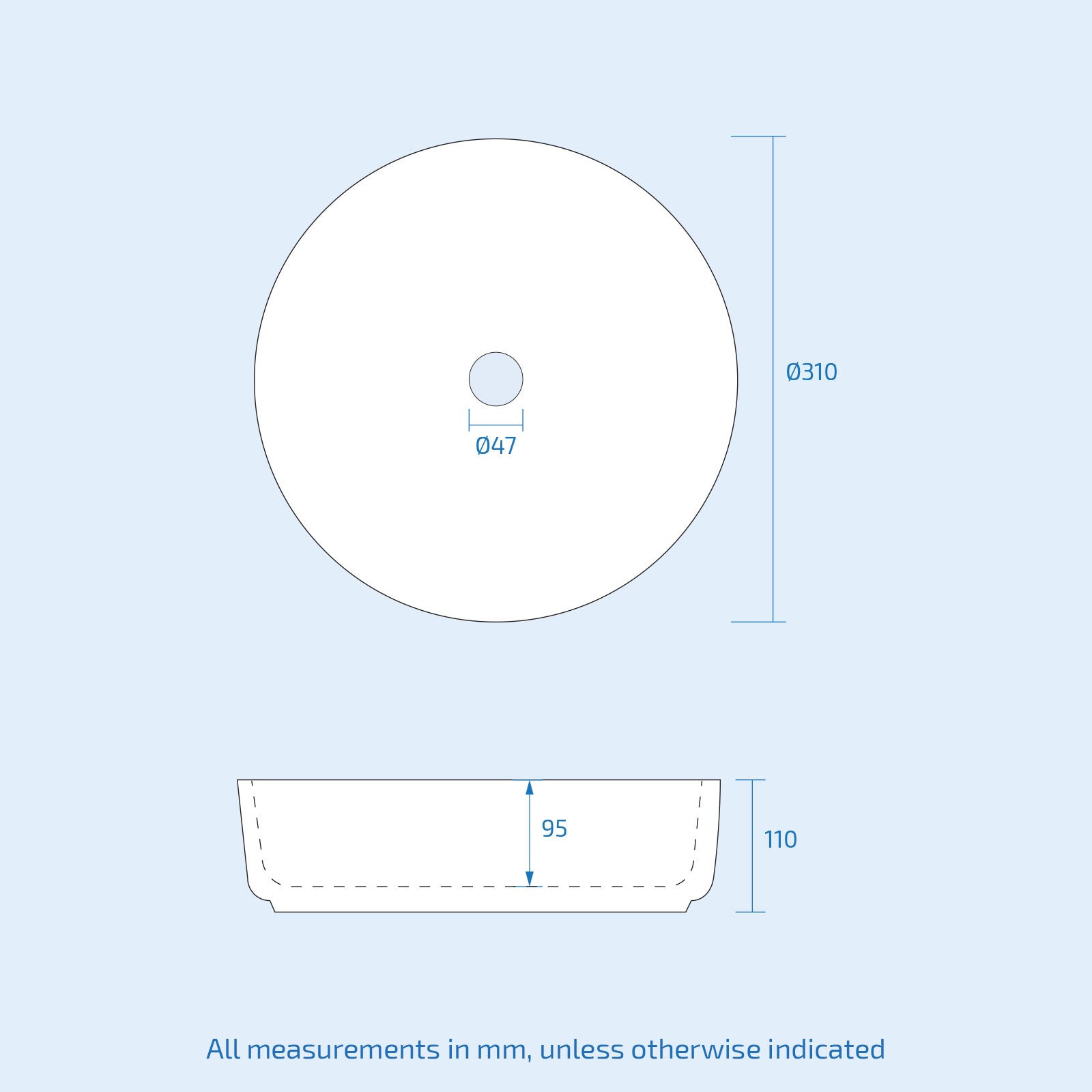 Etive 310mm Cloakroom Round Counter Top Basin Bowl