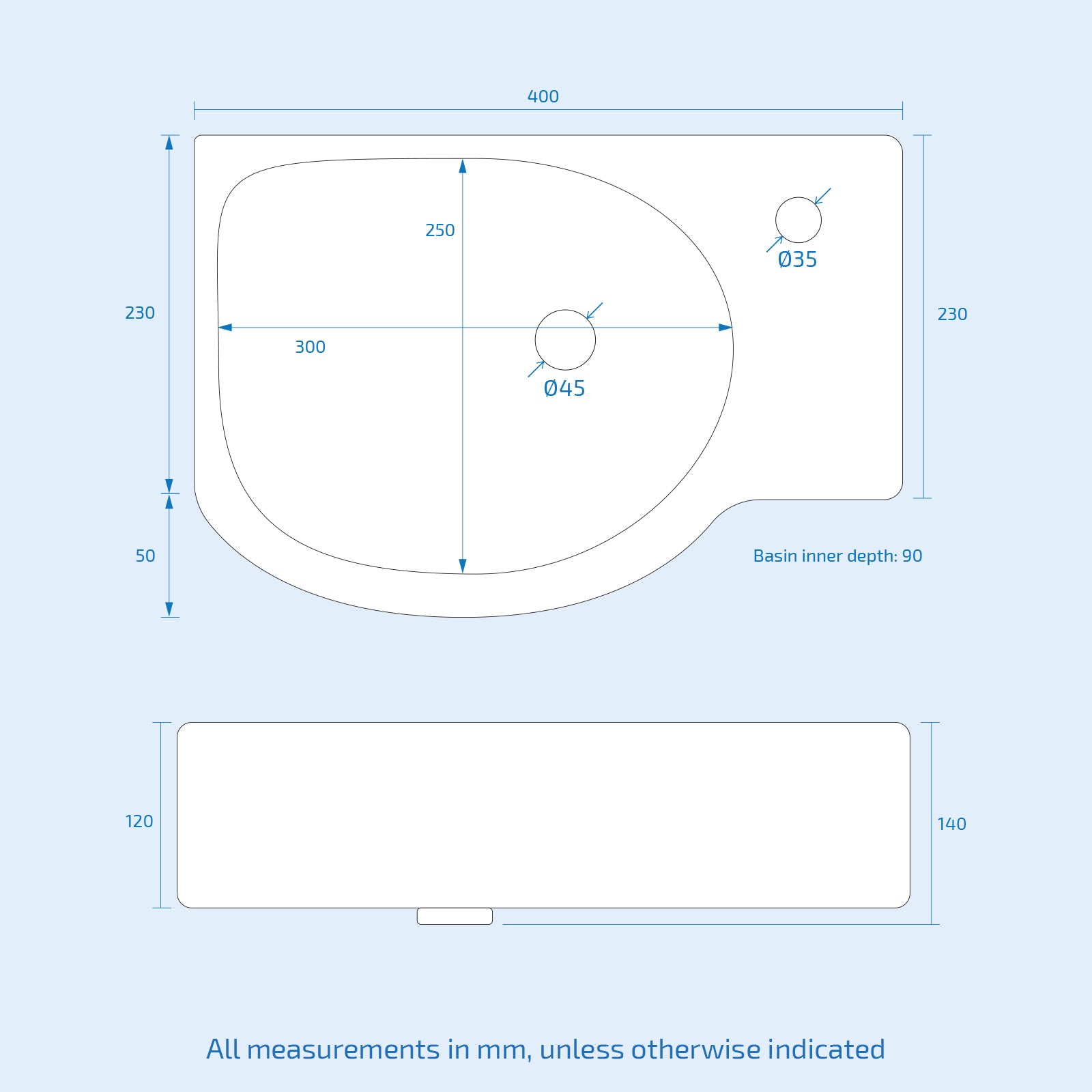 Tulla Wall Hung Rectangle Basin Sink Right Hand