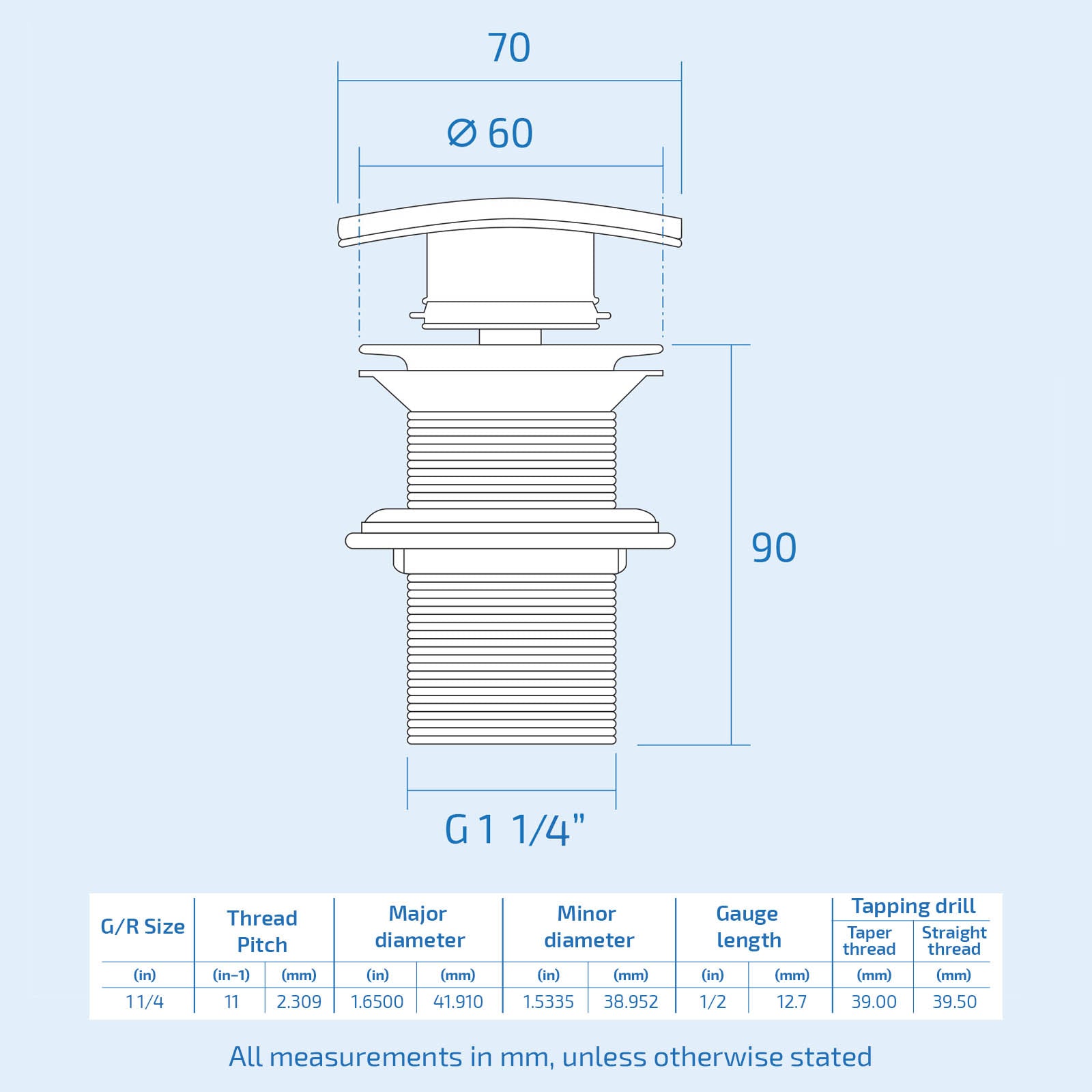 70mm Square Unslotted Click Clack Basin Waste - Chrome