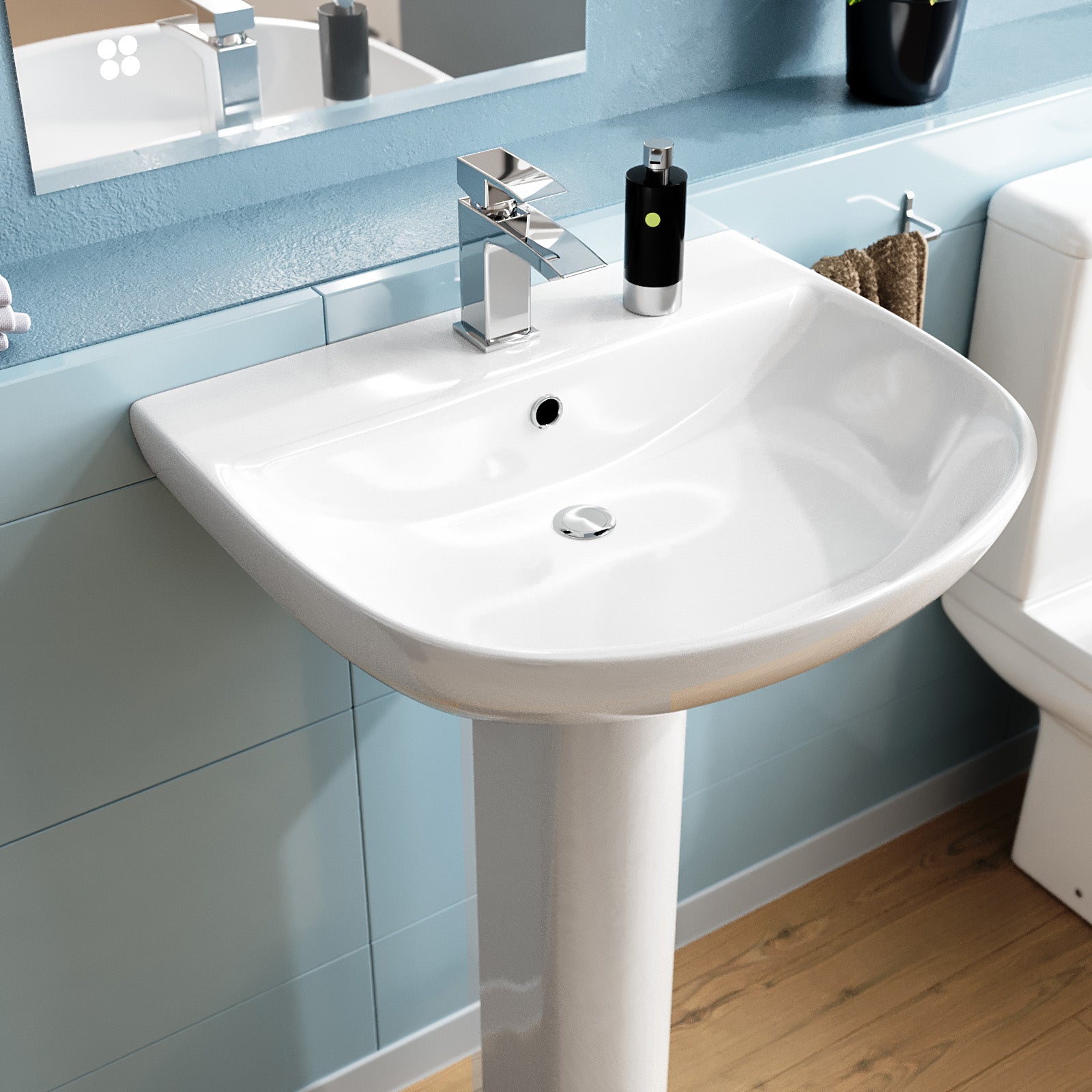 Theo Round Rimless Close Coupled Toilet & 570mm Full Pedestal Basin White