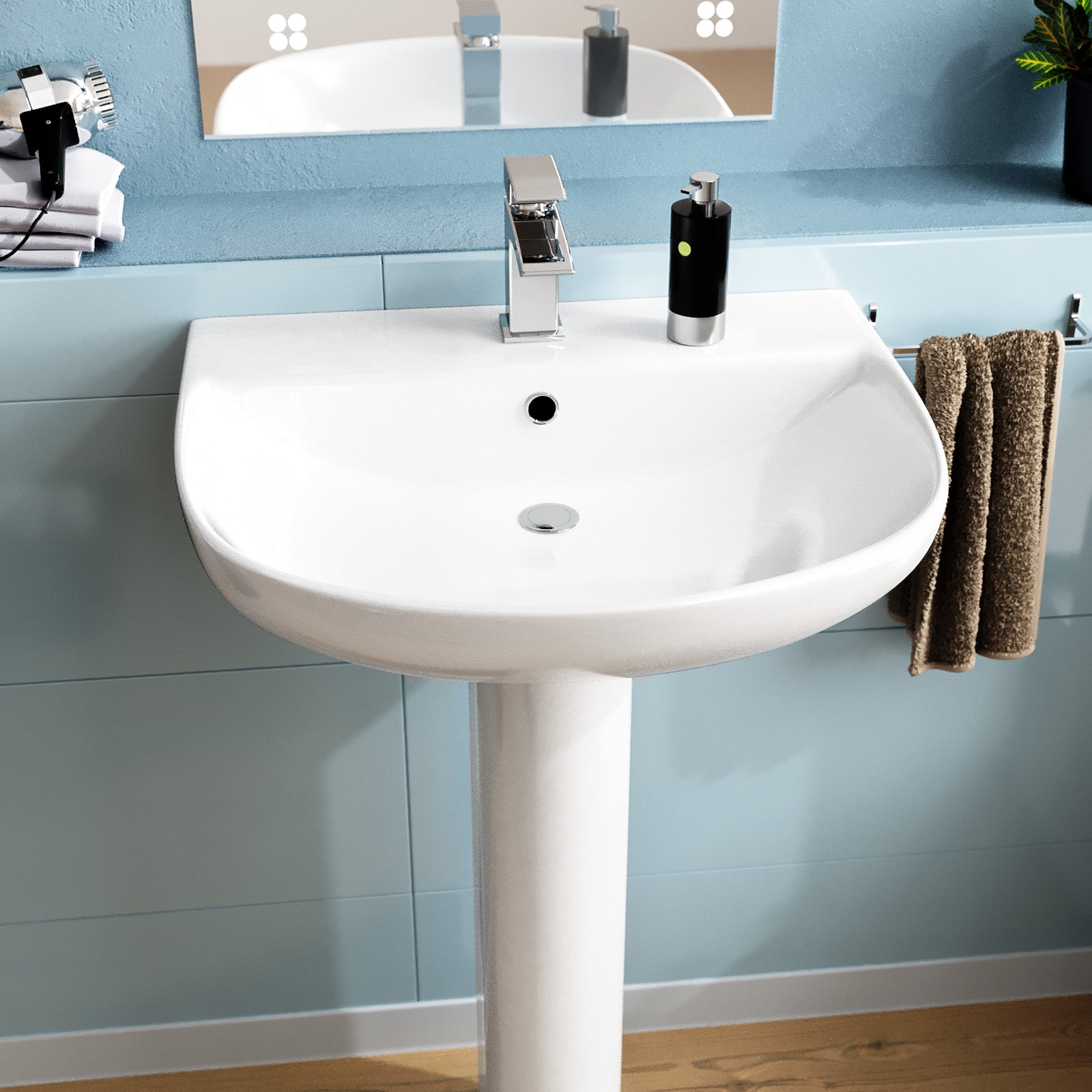 Theo Round Rimless Close Coupled Toilet & 570mm Full Pedestal Basin White