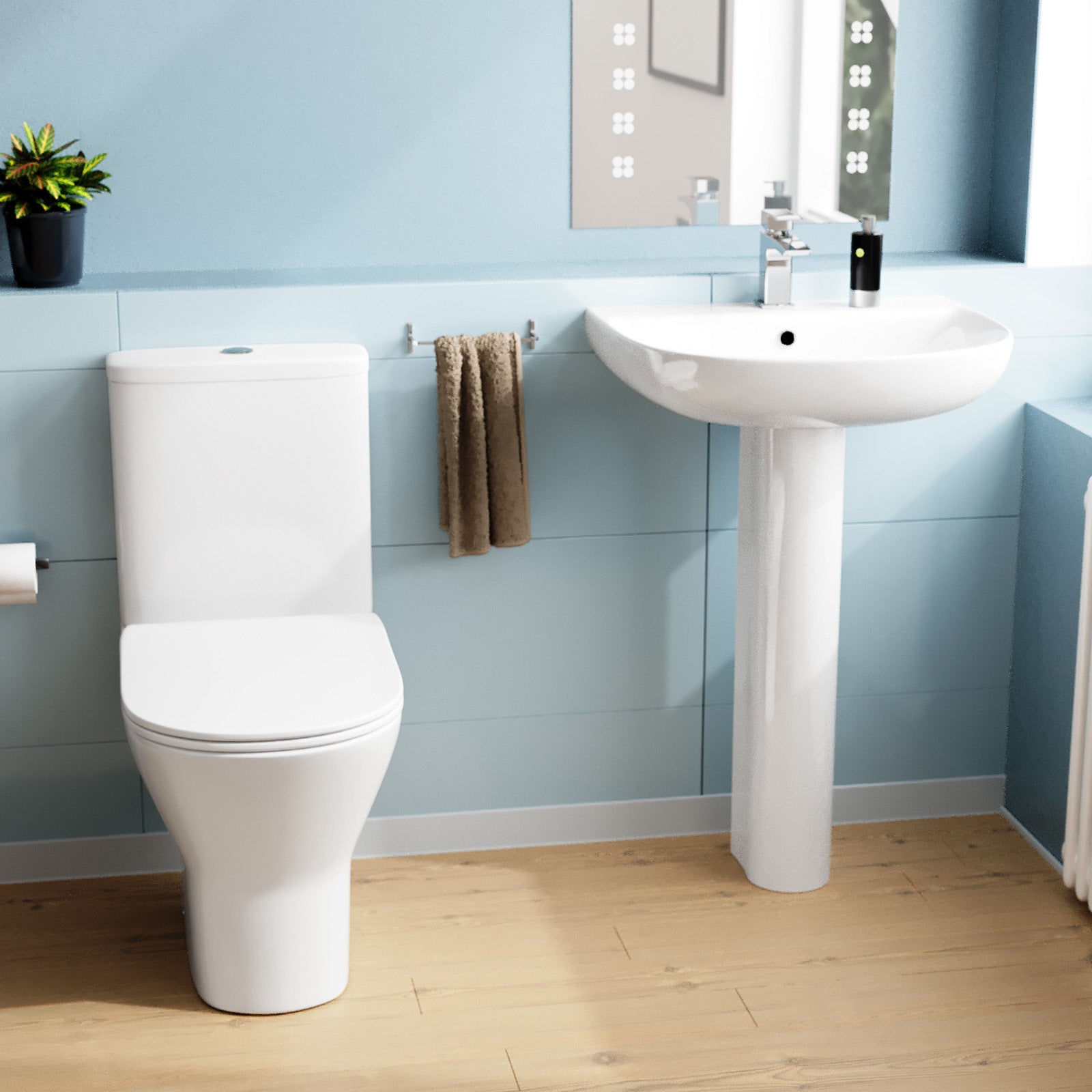 Theo Round Rimless Close Coupled Toilet & 570mm Full Pedestal Basin White