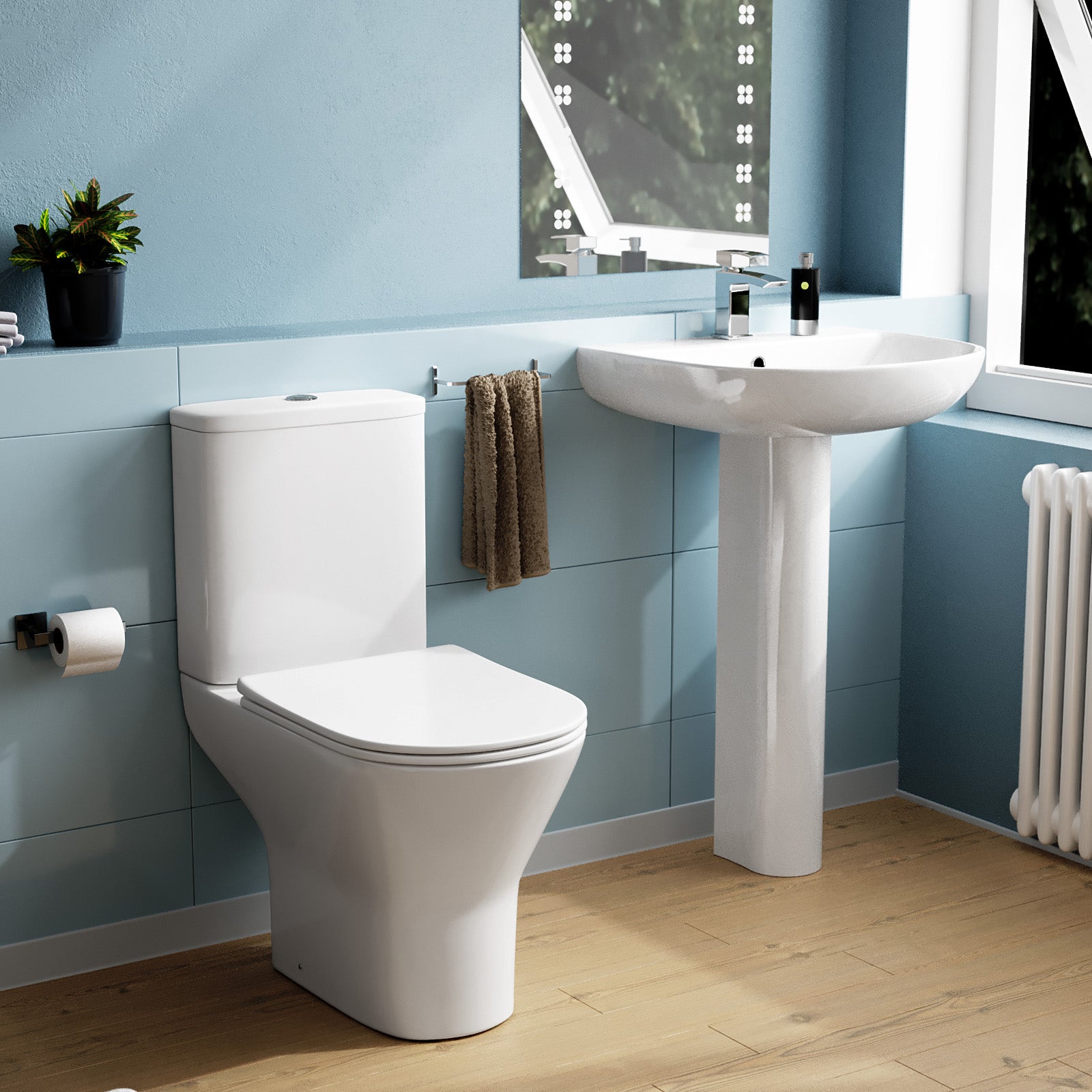 Theo Round Rimless Close Coupled Toilet & 570mm Full Pedestal Basin Wh