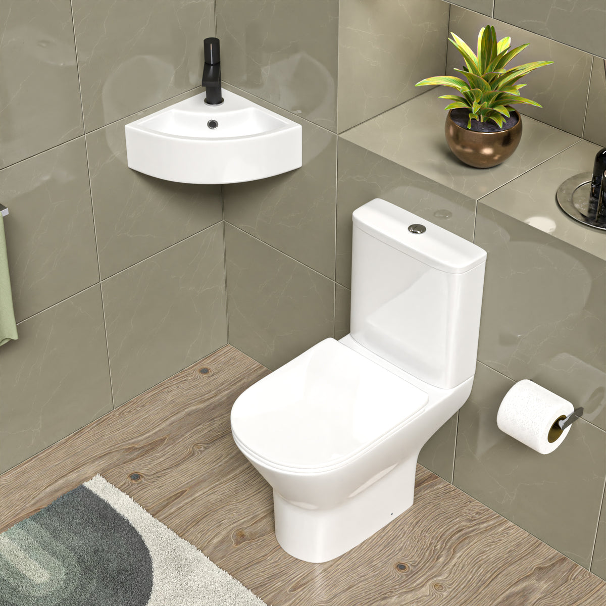 Cloakroom 465 x 325mm Quarter Circle Corner Basin & Rimless Toilet