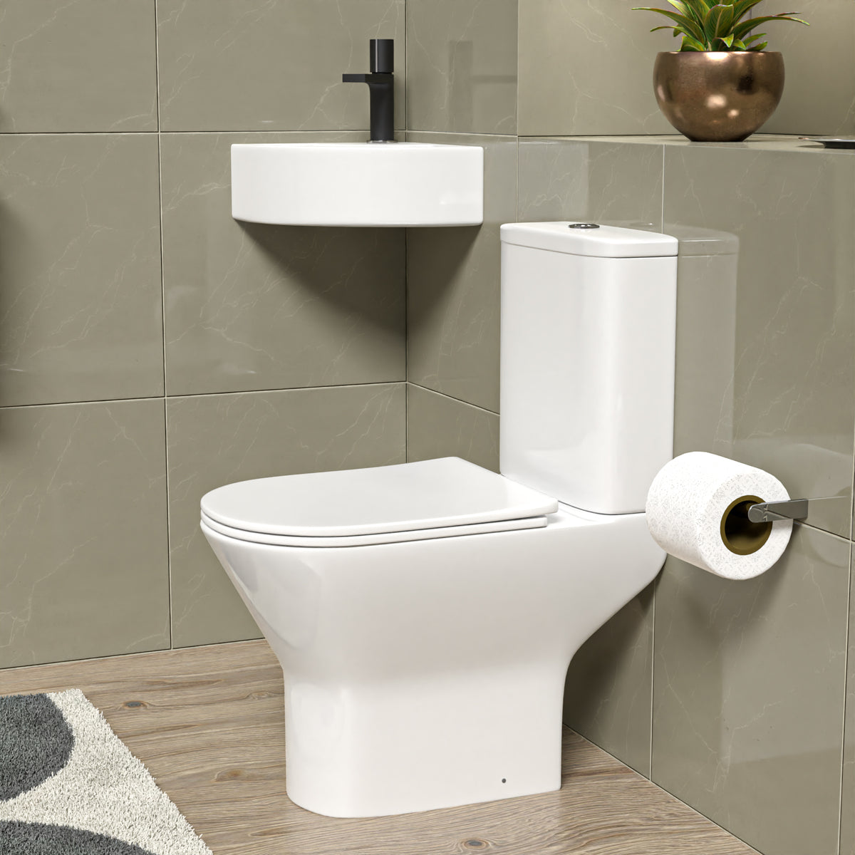 Cloakroom 465 x 325mm Quarter Circle Corner Basin & Rimless Toilet