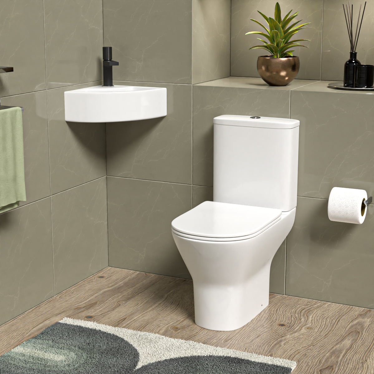 Cloakroom 465 x 325mm Quarter Circle Corner Basin & Rimless Toilet