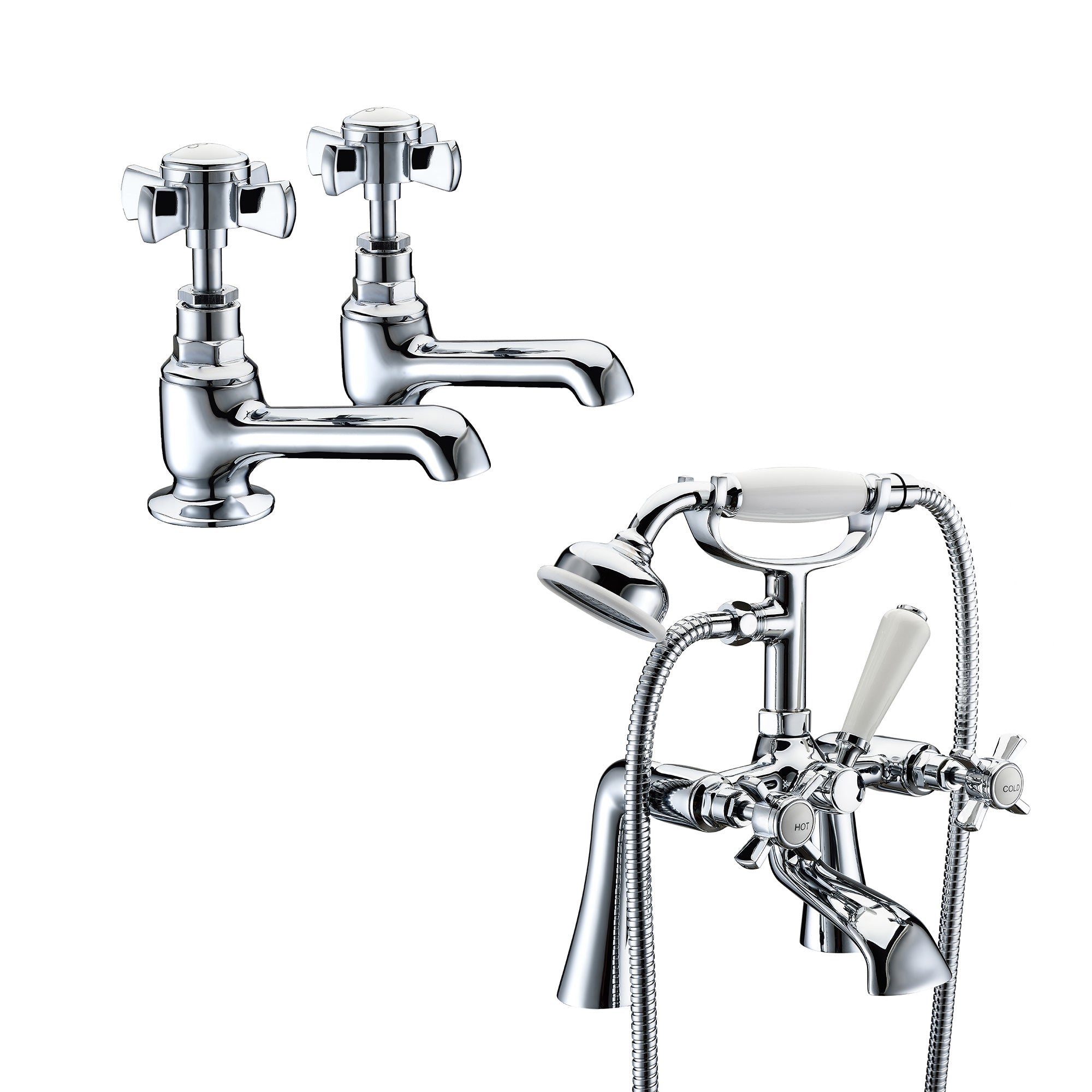 Edwardian Traditional Set Of Twin Basin Taps & Bath Shower Mixer Tap With Handheld Kit