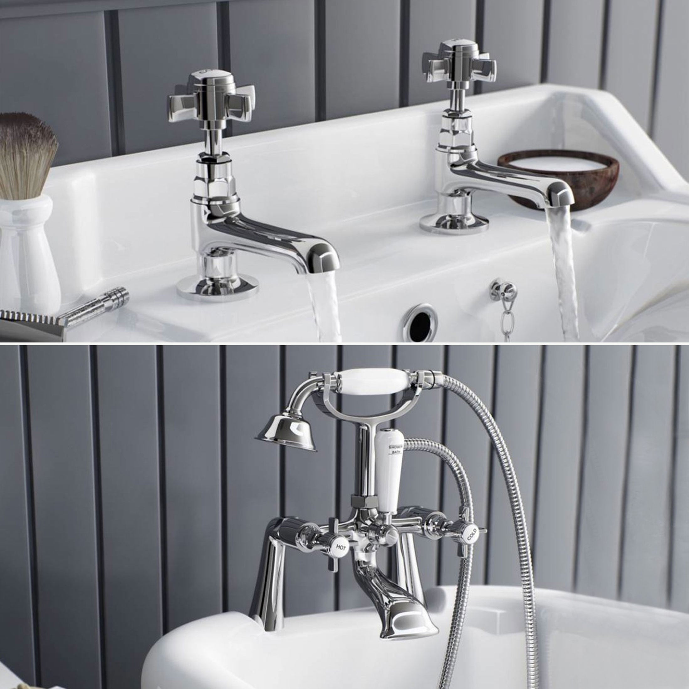 Edwardian Traditional Style Twin Basin Taps & Bath Shower Mixer Tap With Handheld Kit