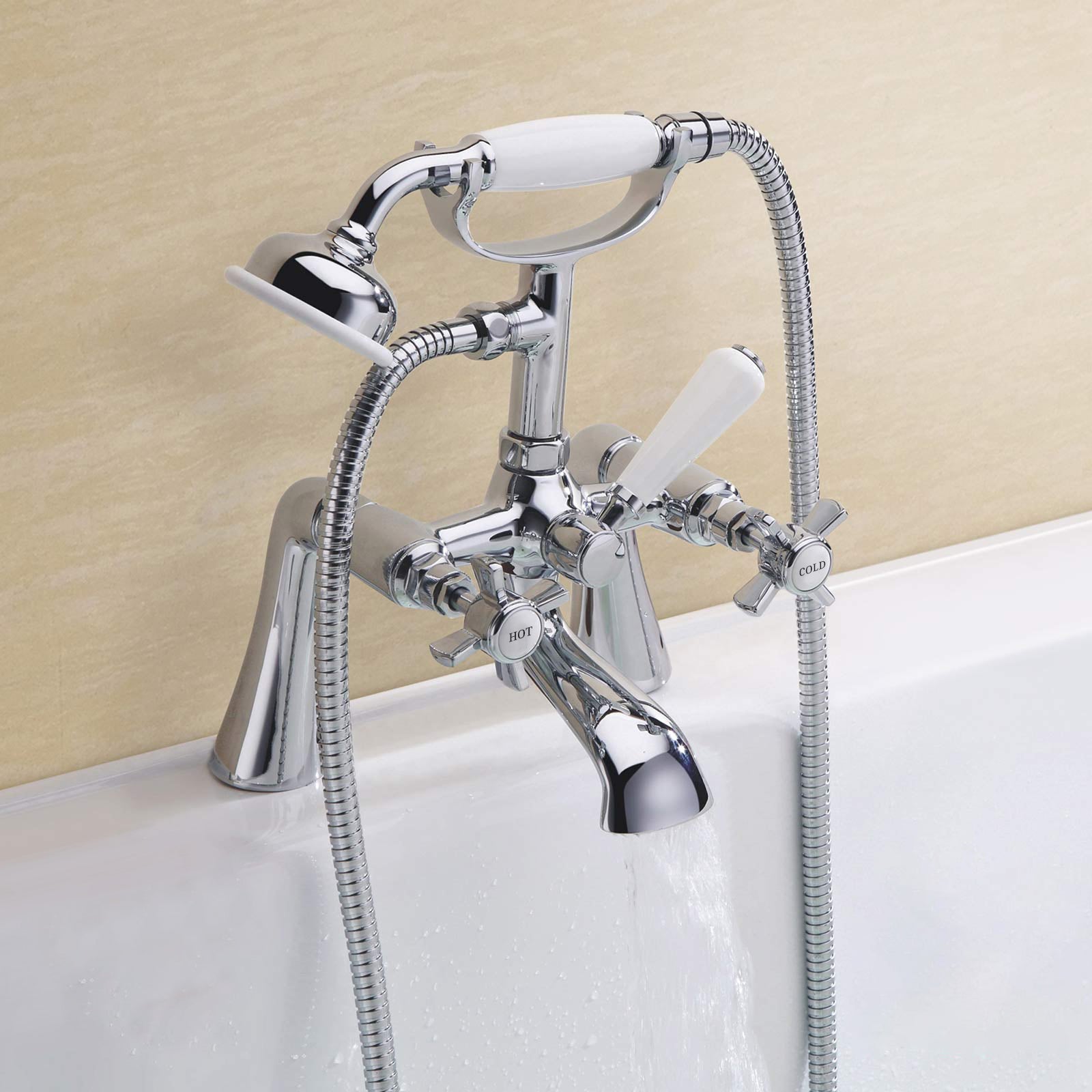 Edwardian Traditional Set Of Twin Basin Taps & Bath Shower Mixer Tap With Handheld Kit