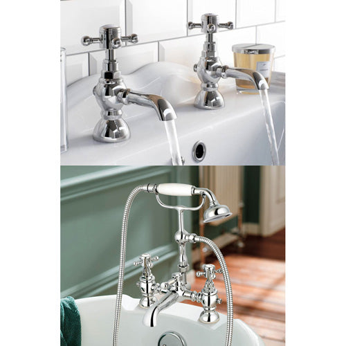 Churchill Traditional Set Of Twin Basin Cross Head Taps & Bath Shower Mixer Tap With Handheld Kit