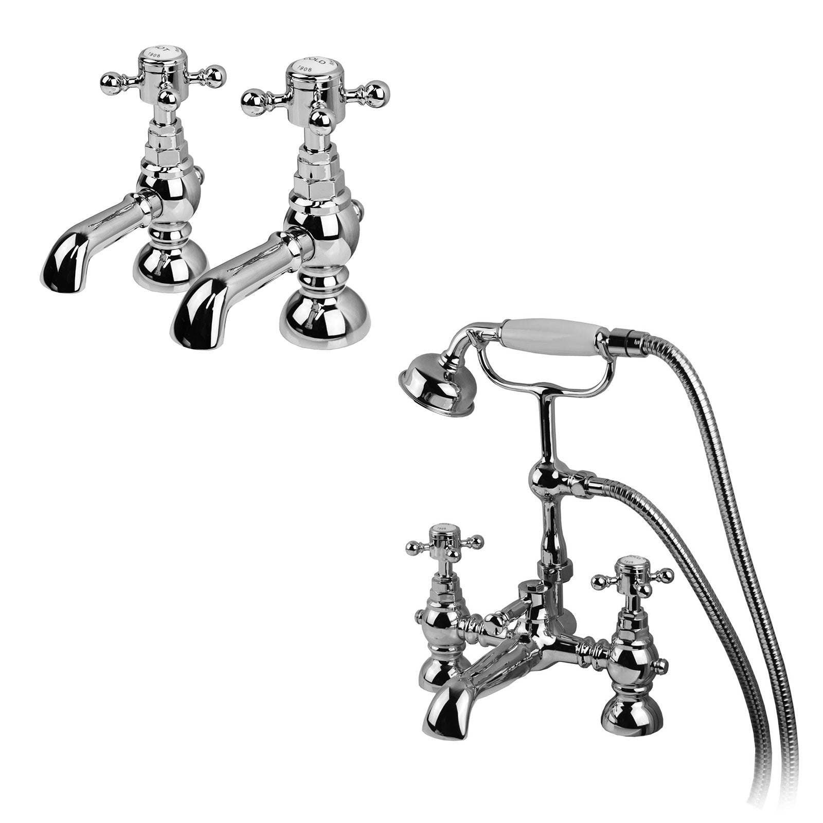 Churchill Traditional Set Of Twin Basin Cross Head Taps & Bath Shower Mixer Tap With Handheld Kit