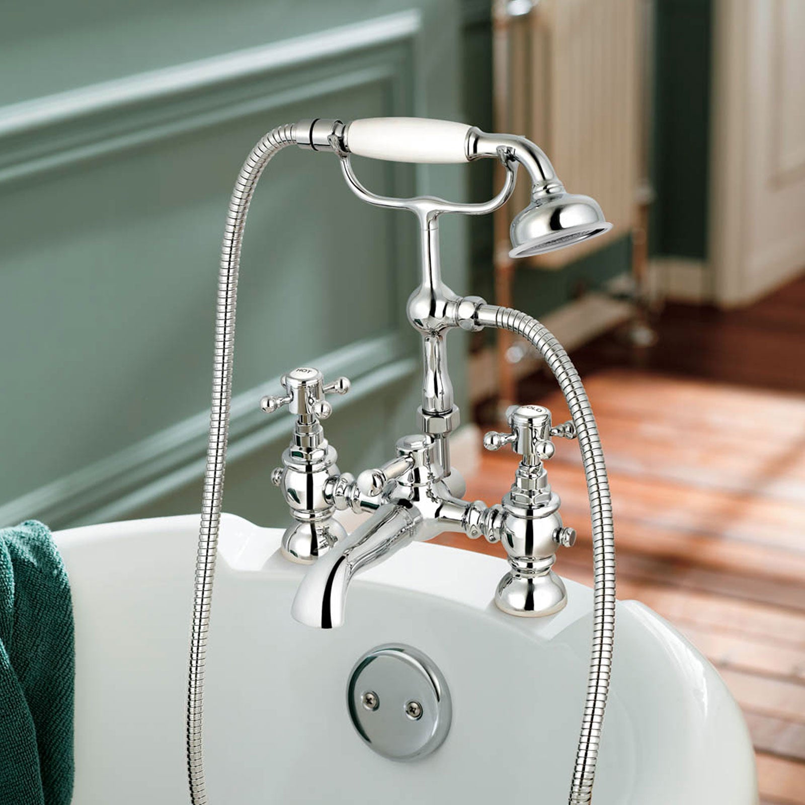 Churchill Traditional Set Of Twin Basin Cross Head Taps & Bath Shower Mixer Tap With Handheld Kit