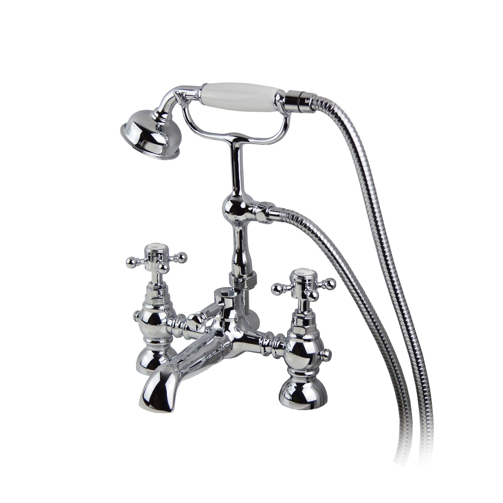 Churchill Traditional Set Of Twin Basin Cross Head Taps & Bath Shower Mixer Tap With Handheld Kit