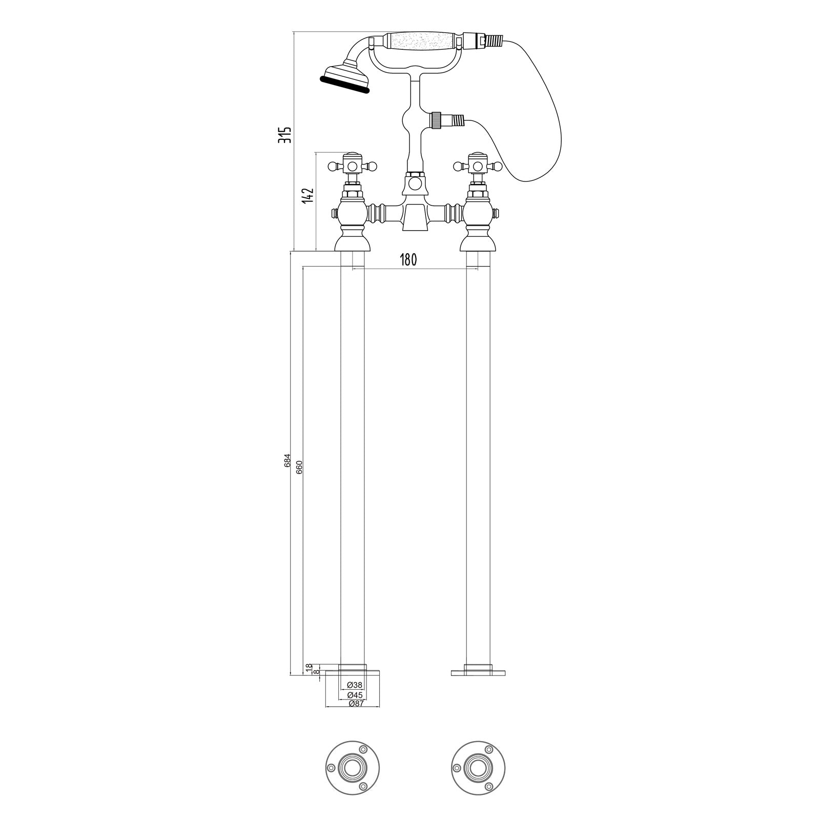 Churchill Traditional Freestanding Cross Head Bath Shower Mixer Tap With Handheld Kit