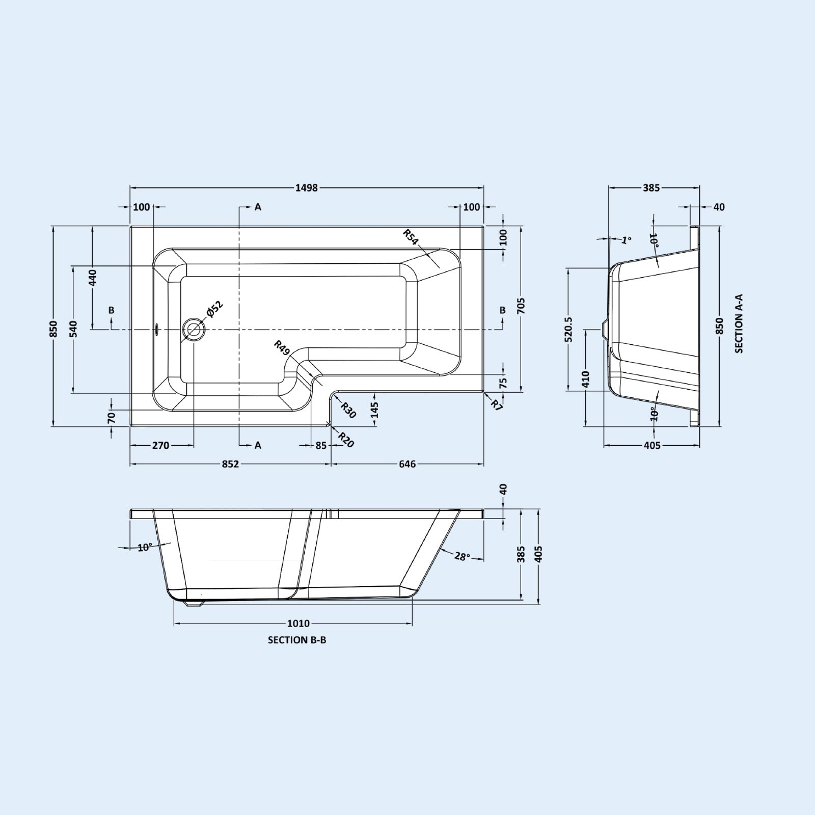 1500mm LH L Shaped Bathroom Suite, Front Panel & Screen With Vanity & Toilet