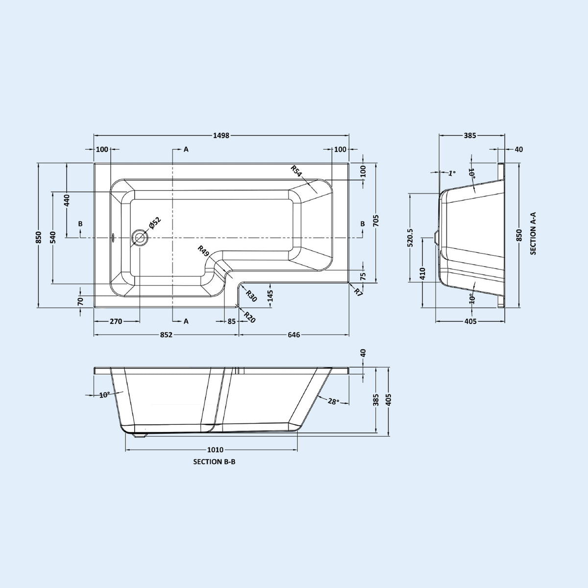 1500mm LH L Shaped Bathroom Suite, Front Panel & Screen With Vanity & Toilet