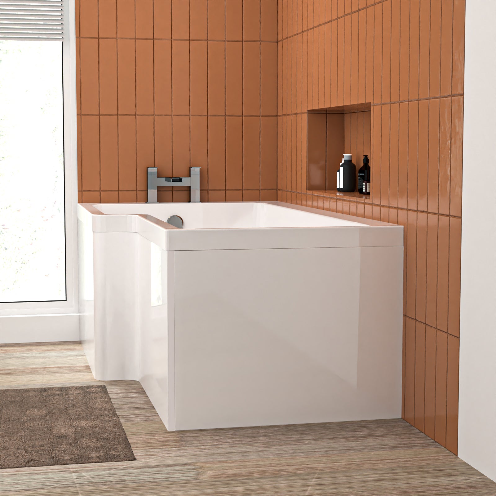 L Shaped LH 1500mm Curved Shower Bath Acrylic & Front Panel