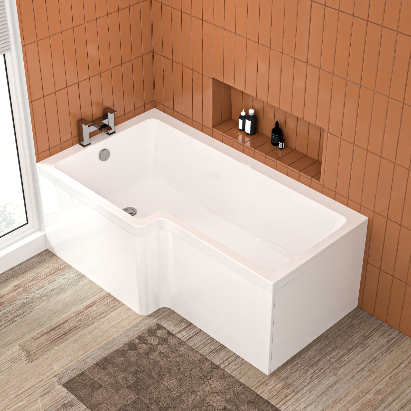 L Shaped LH 1500mm Curved Shower Bath Acrylic & Front Panel