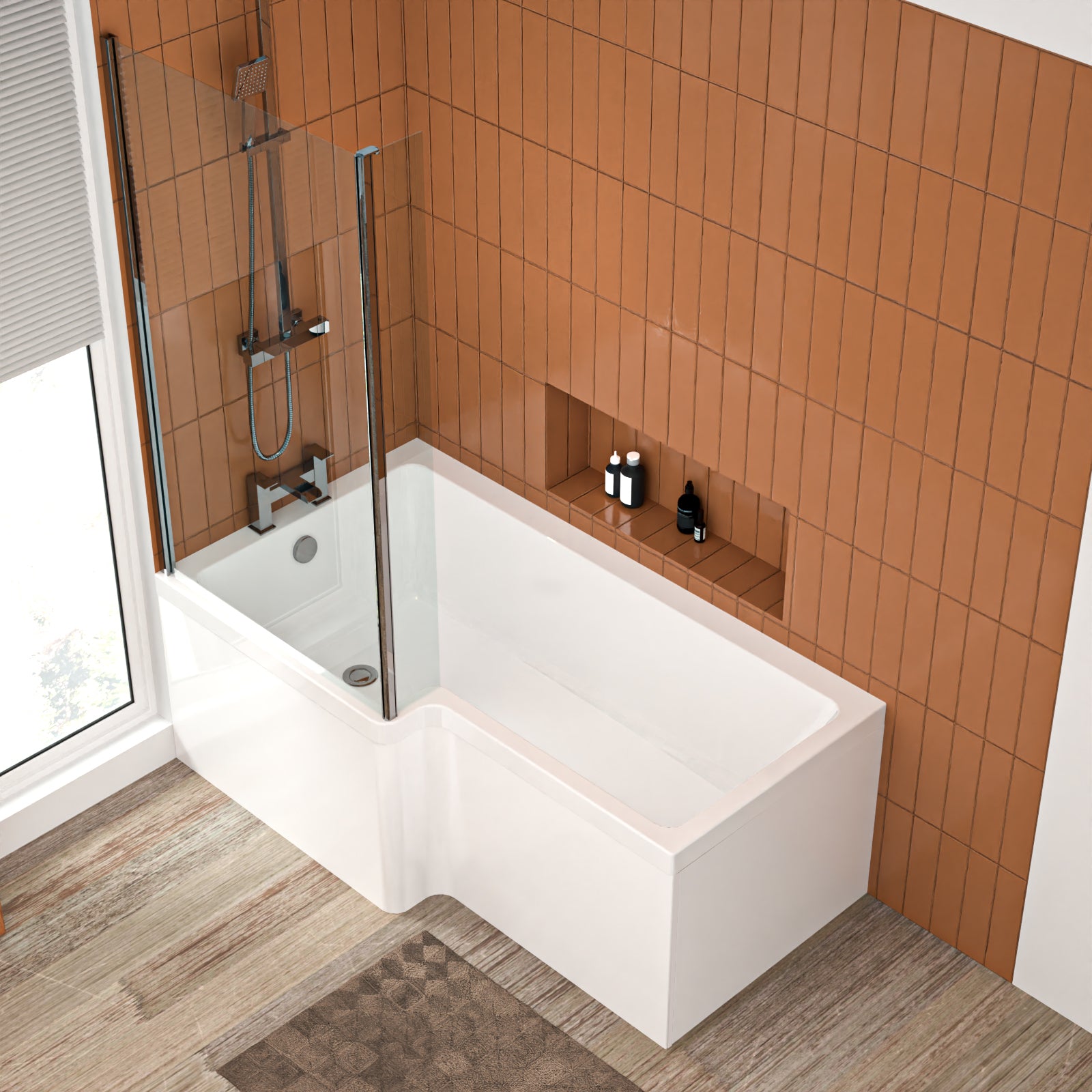 L Shaped LH 1500mm Curved Shower Bath Acrylic Front Panel & Screen