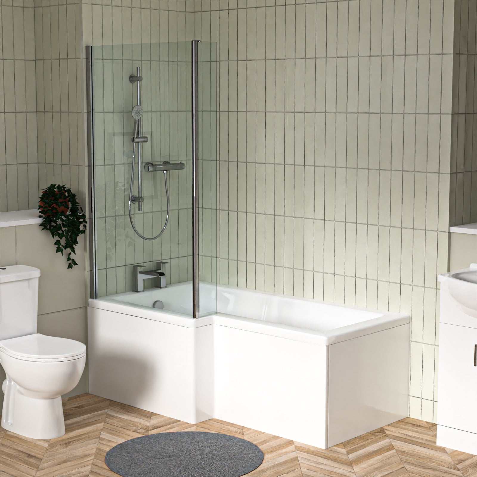 1500mm LH L Shaped Bathroom Suite, Front Panel & Screen With Vanity & Toilet