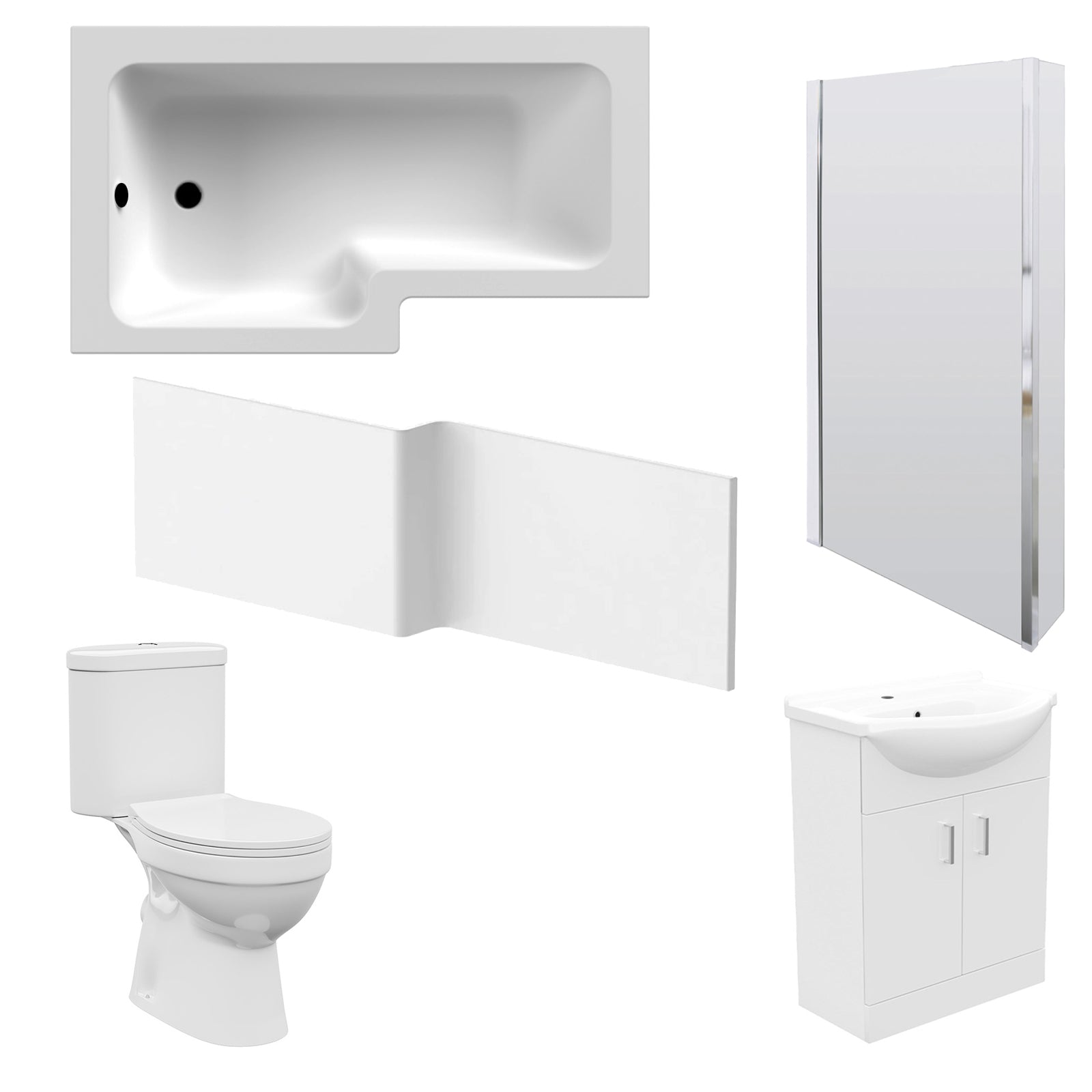 1500mm LH L Shaped Bathroom Suite, Front Panel & Screen With Vanity & Toilet