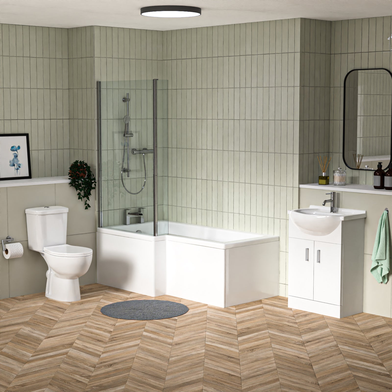 1500mm LH L Shaped Bathroom Suite, Front Panel & Screen With Vanity & Toilet