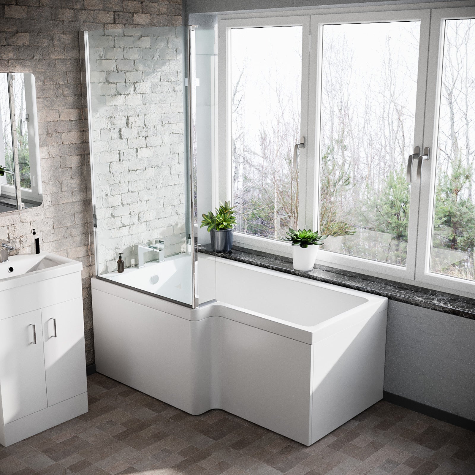 1500mm LH L Shaped Bath, Front Panel, Screen With 500mm Vanity & Toilet