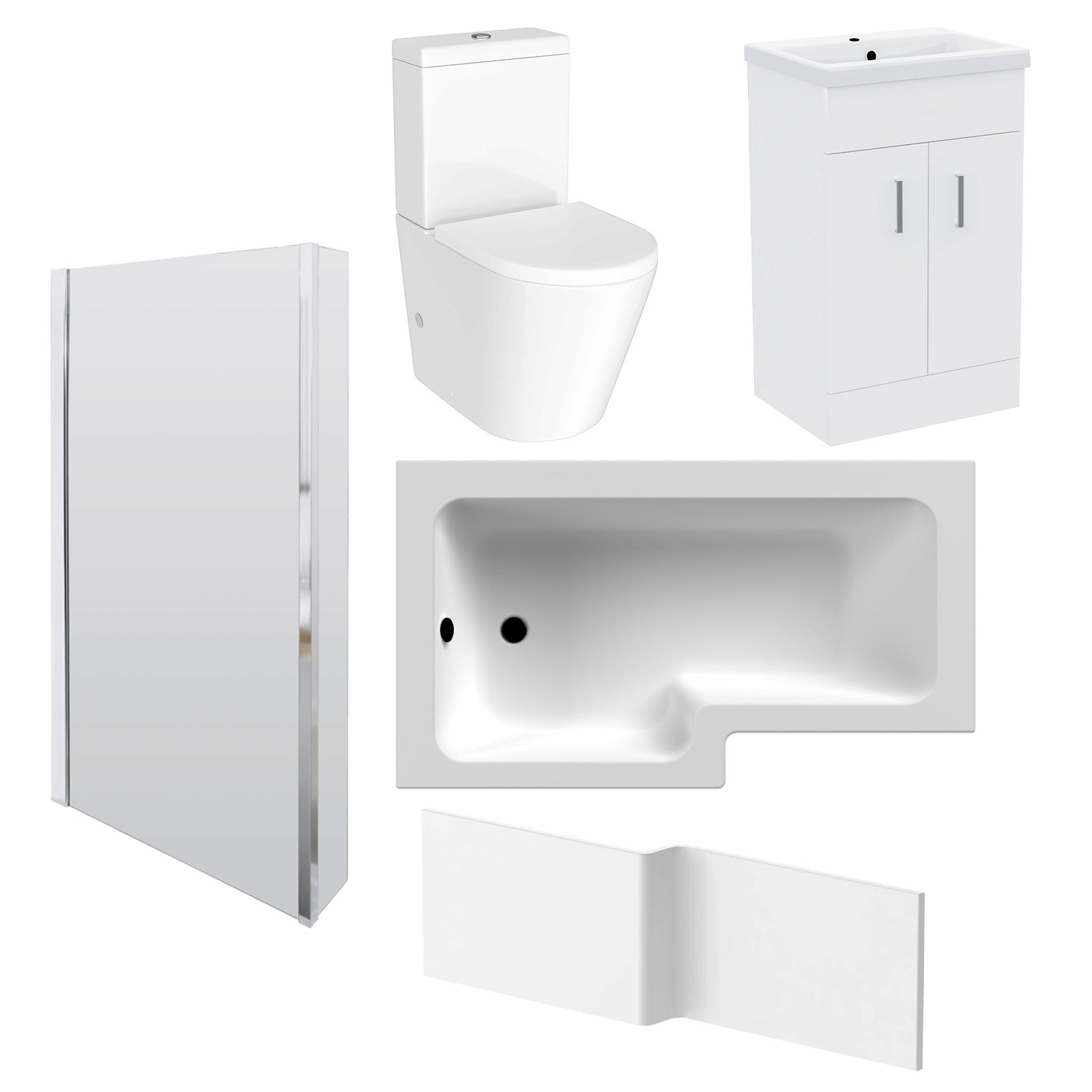 1500mm LH L Shaped Bath, Front Panel, Screen With 500mm Vanity & Toilet