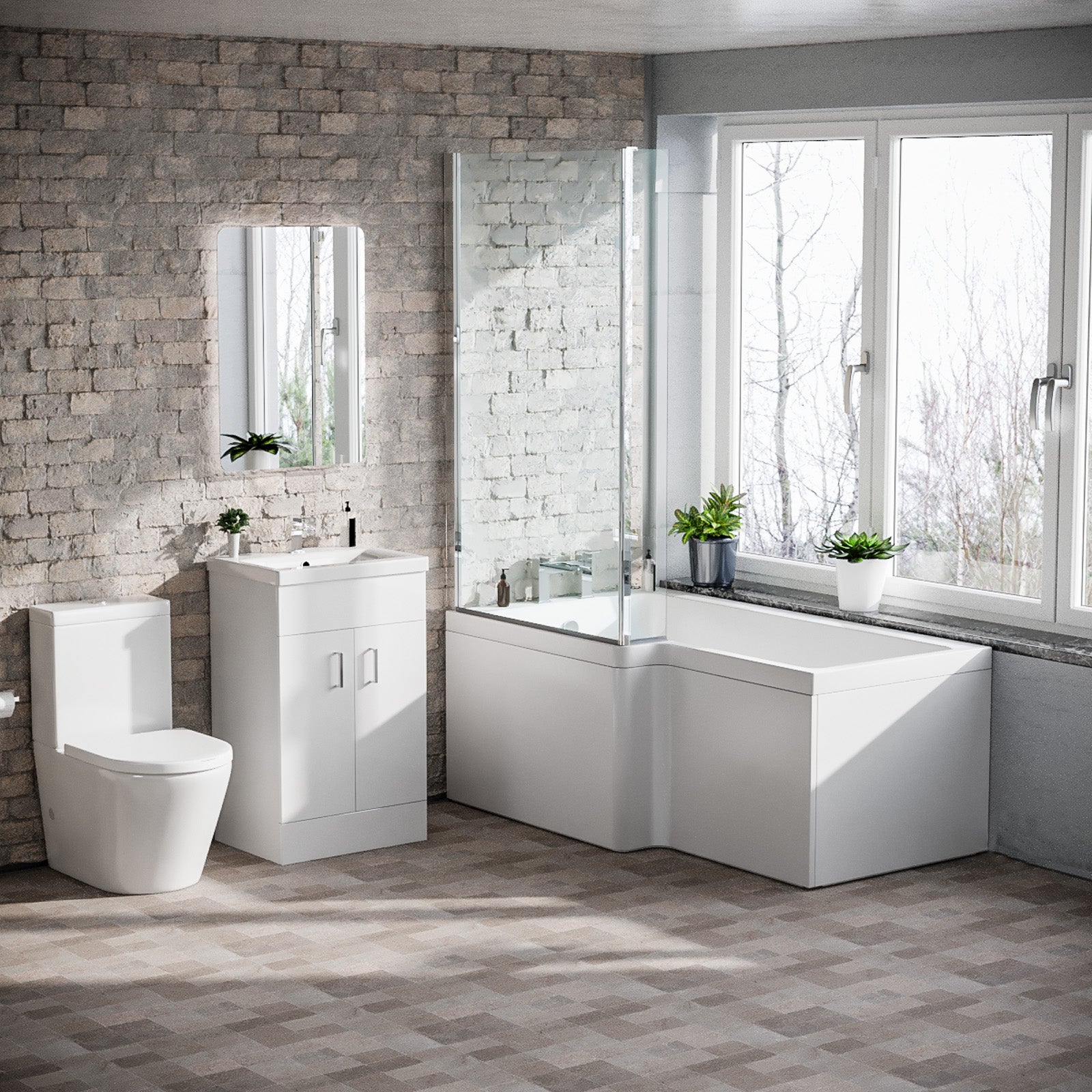 1500mm LH L Shaped Bath, Front Panel, Screen With 500mm Vanity & Toilet